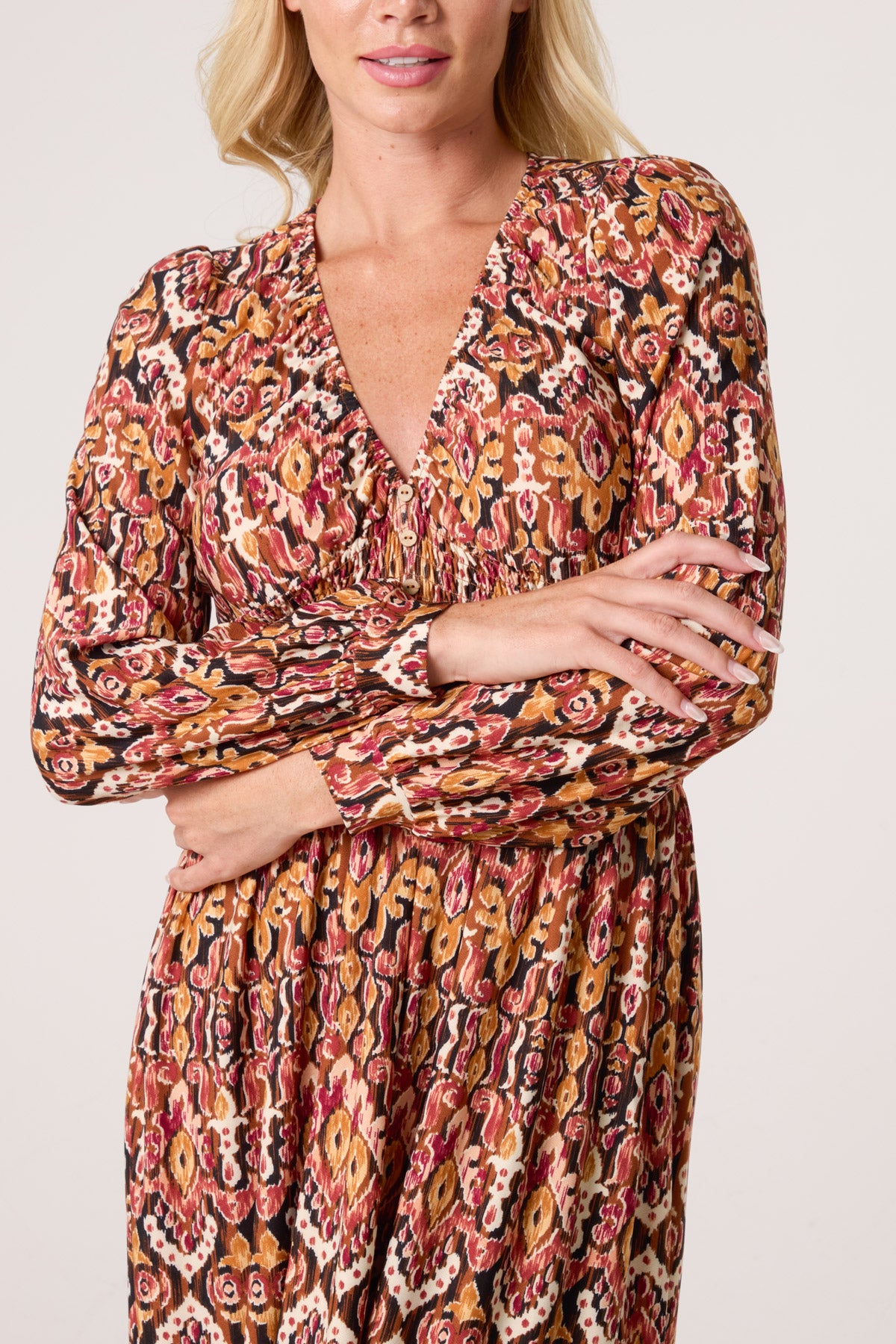 Damask Print Button Front Stretch Dress