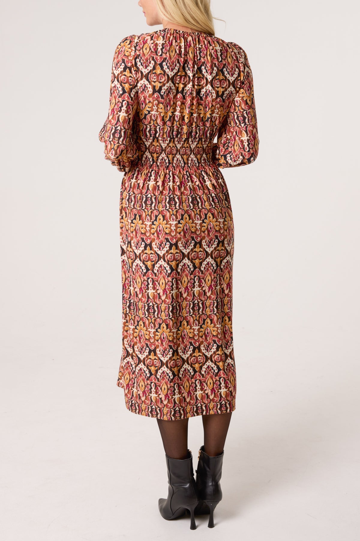Damask Print Button Front Stretch Dress