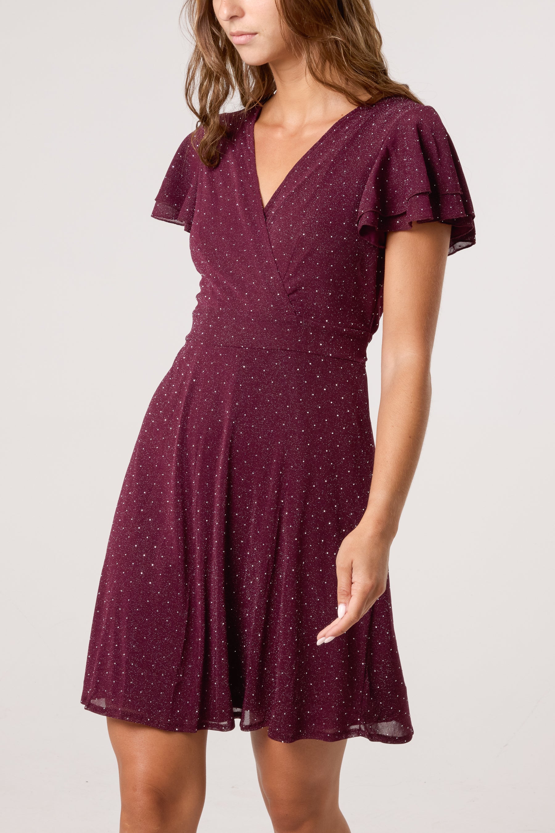 Flutter Sleeve Diamante Wrap Dress