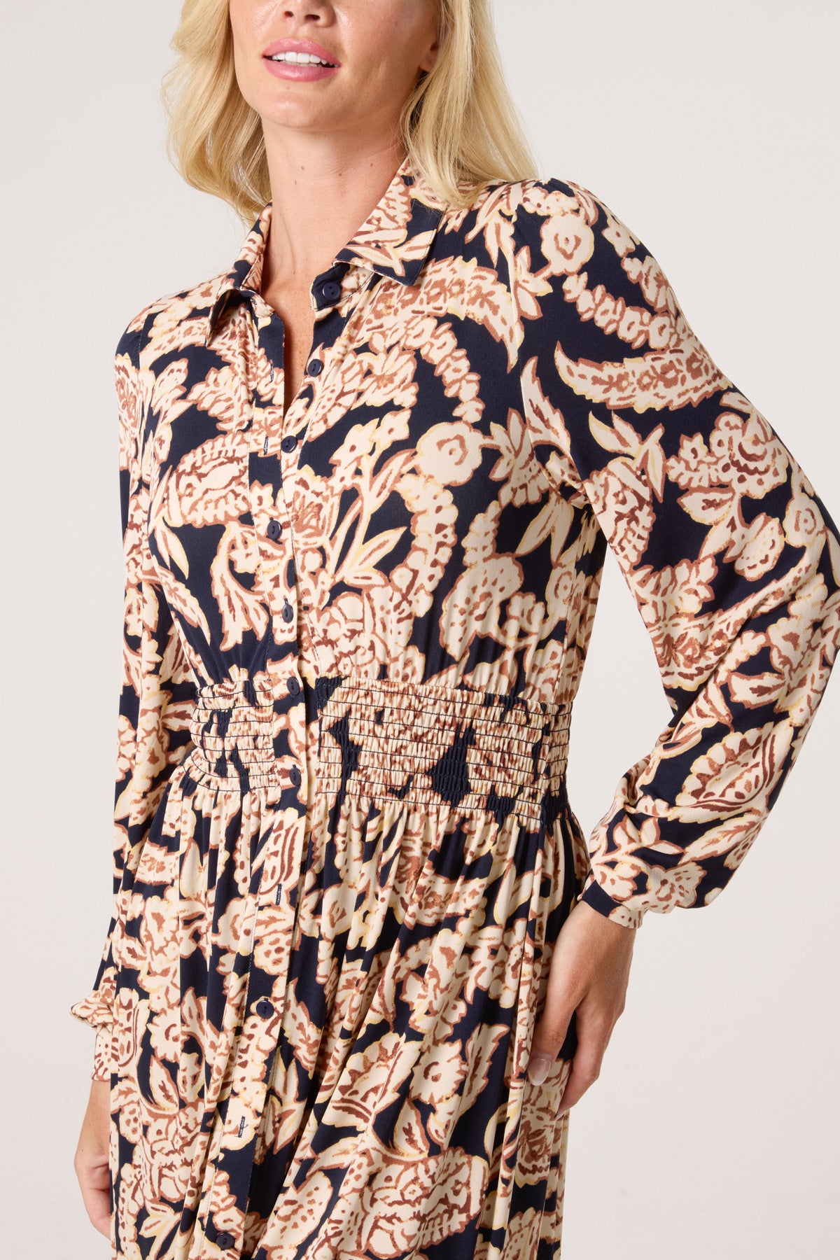 Border & Leaf Print Shirt Stretch Dress
