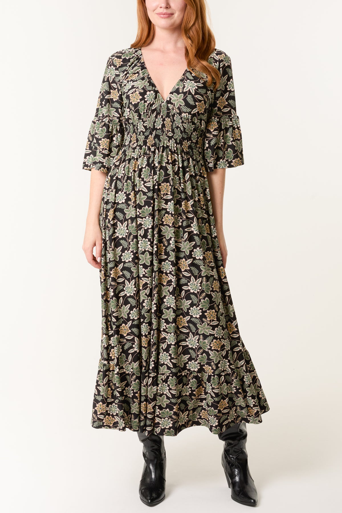 Leaf Print V-Neck Stretch V Dress