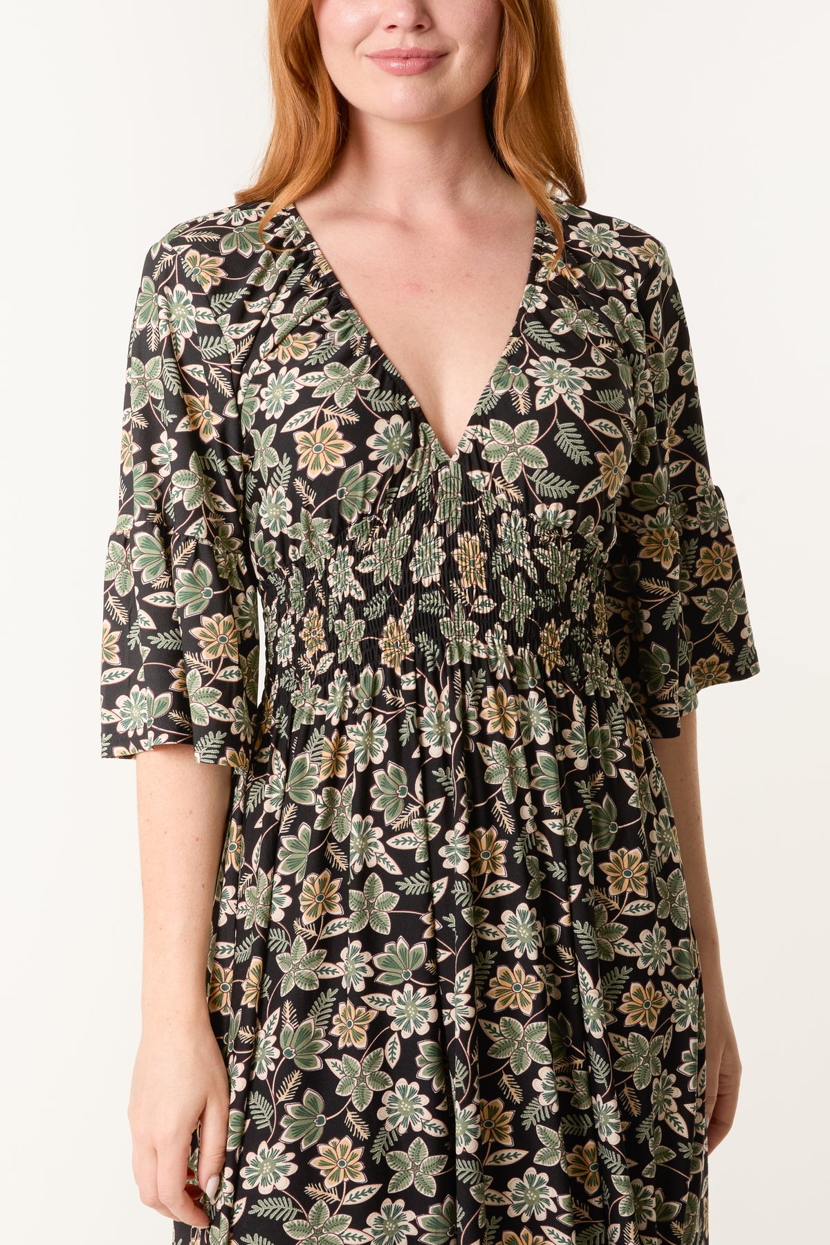 Leaf Print V-Neck Stretch V Dress