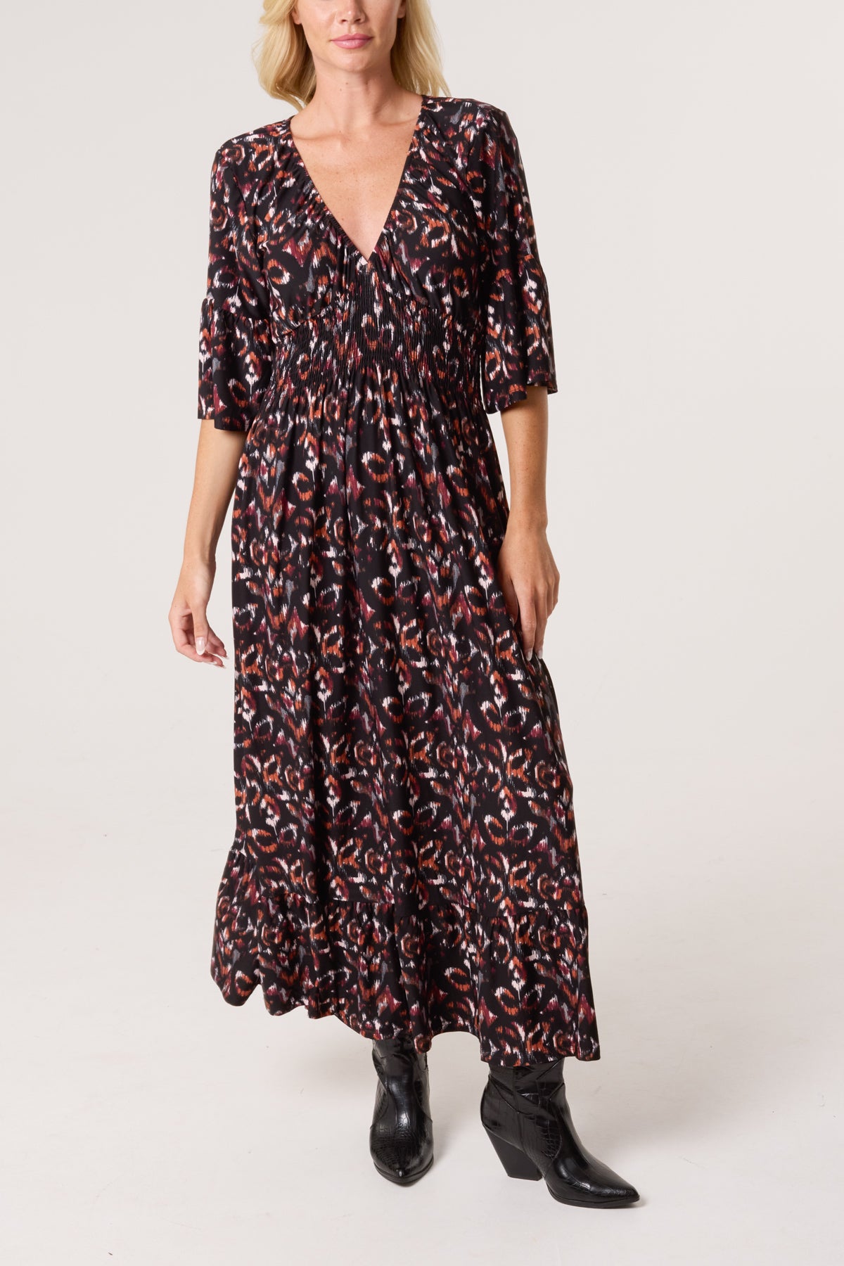 Abstract Animal Print Shirred Stretch Dress