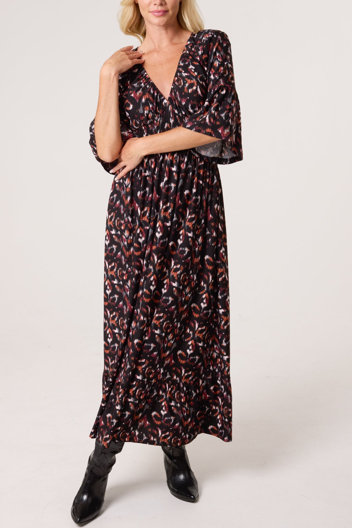 Abstract Animal Print Shirred Stretch Dress