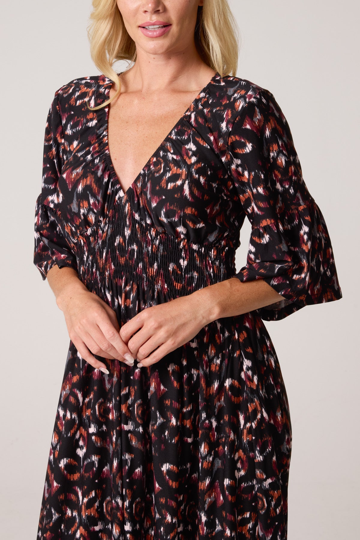 Abstract Animal Print Shirred Stretch Dress