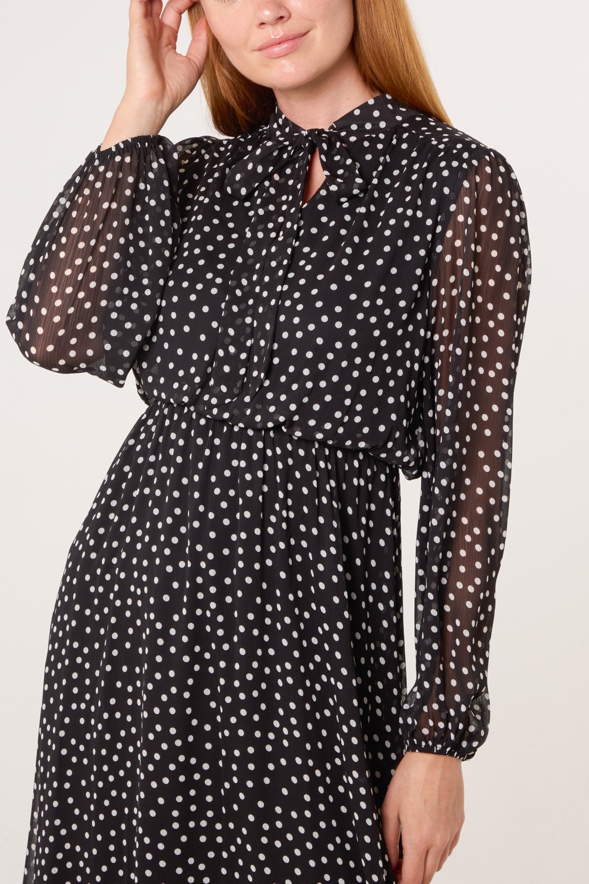 Polka Dot Tie Neck Midi Dress