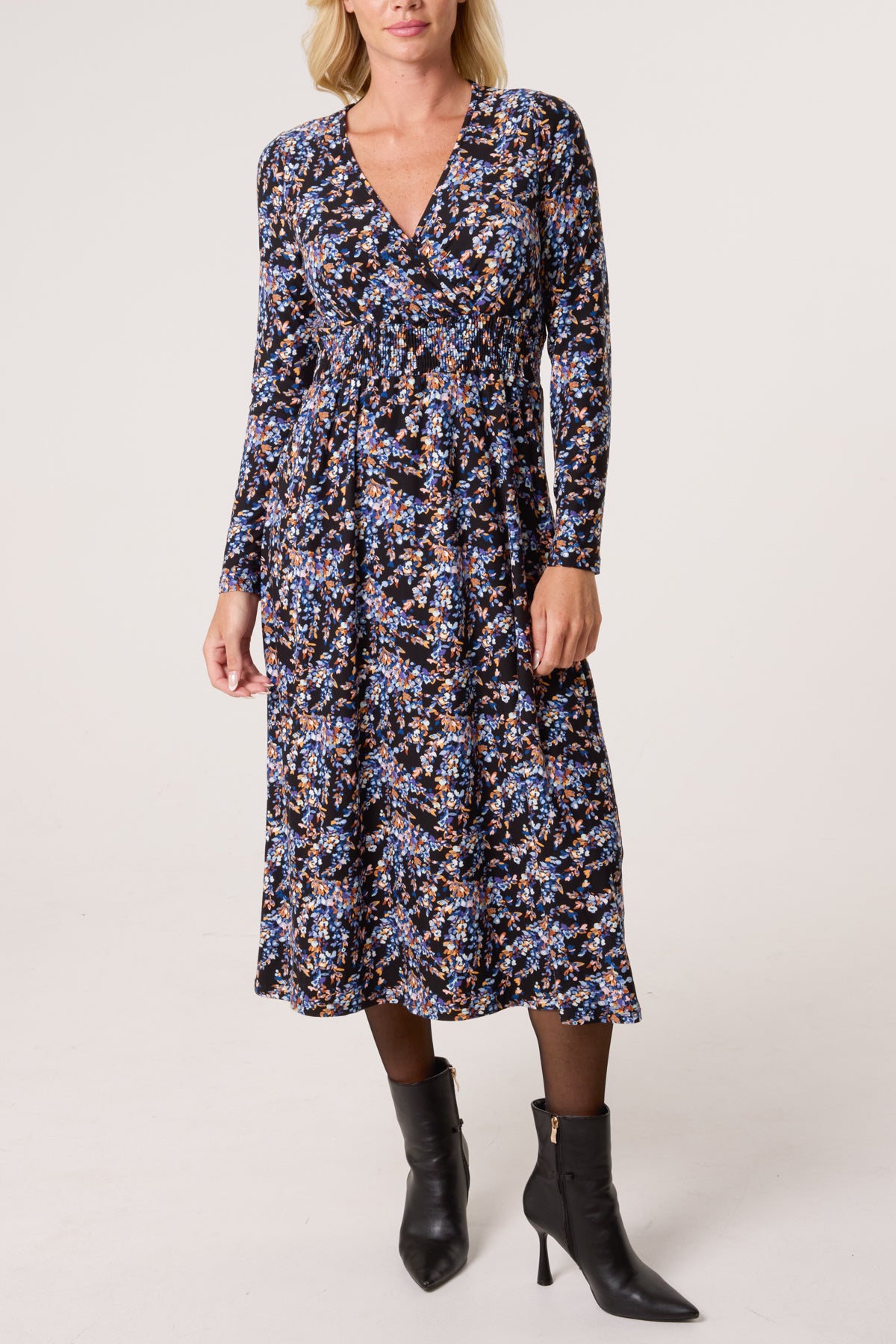 Floral V Wrap Long Sleeve Stretch Dress