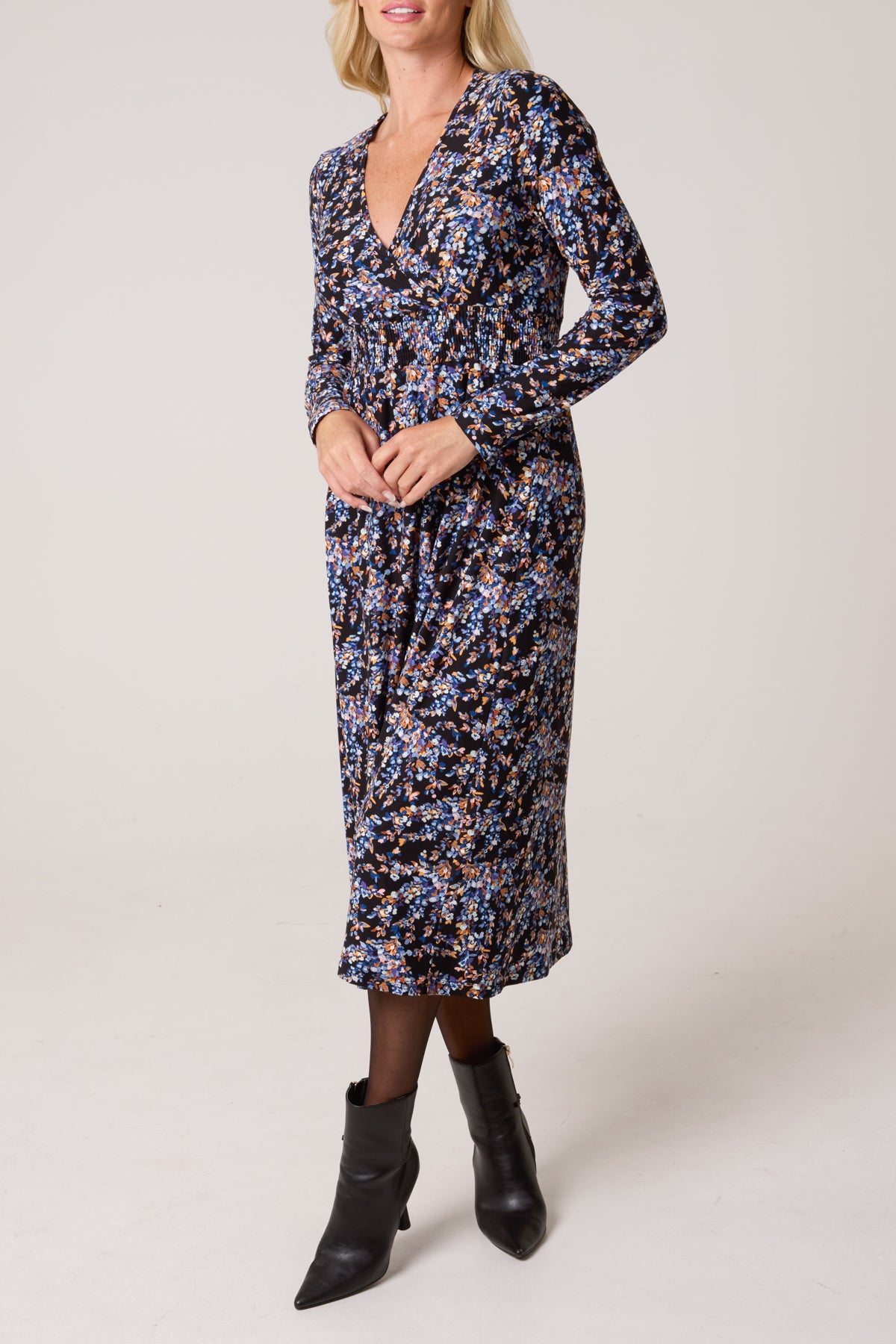 Floral V Wrap Long Sleeve Stretch Dress