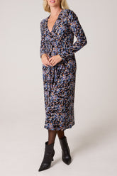 Floral V Wrap Long Sleeve Stretch Dress