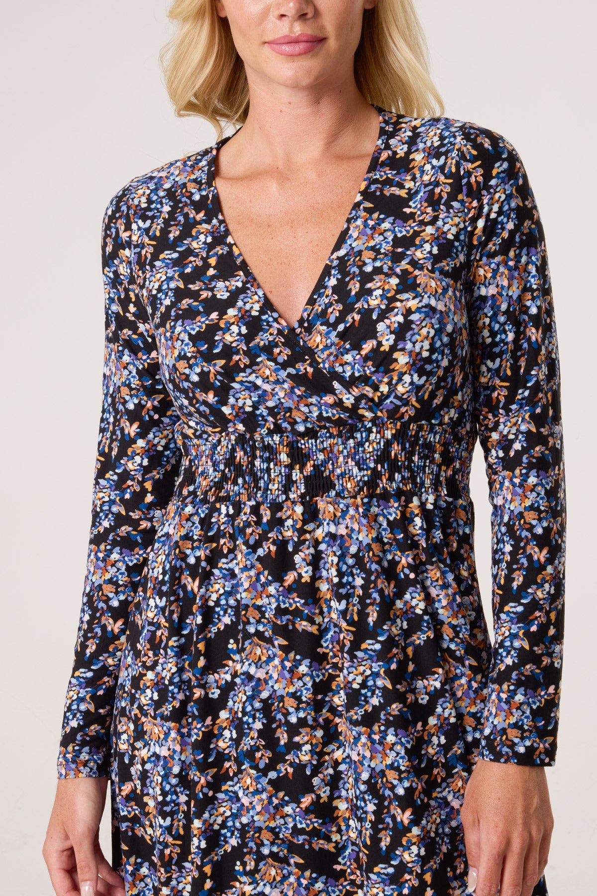 Floral V Wrap Long Sleeve Stretch Dress