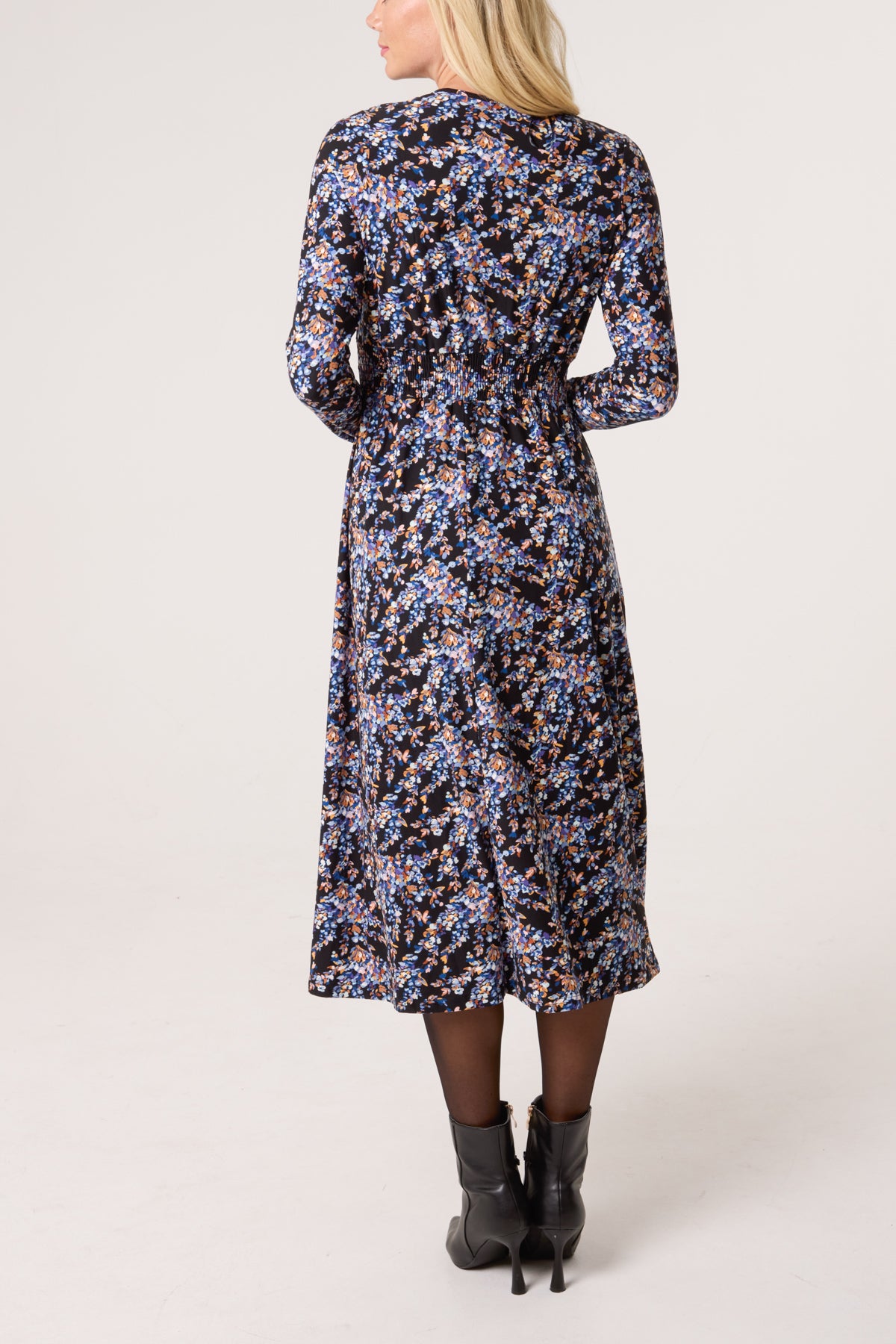 Floral V Wrap Long Sleeve Stretch Dress