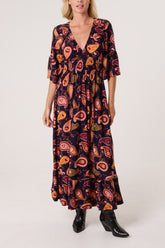 Autumnal Paisley Print Stretch Shirred Dress