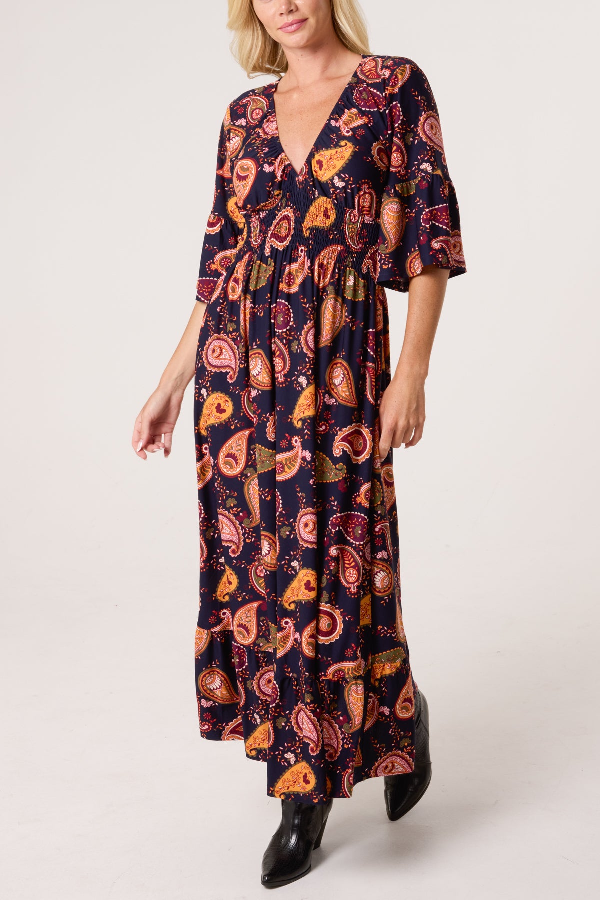 Autumnal Paisley Print Stretch Shirred Dress