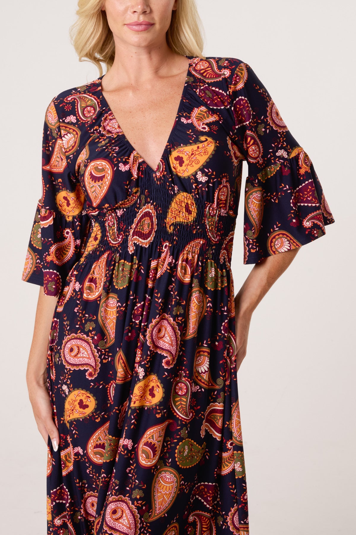 Autumnal Paisley Print Stretch Shirred Dress
