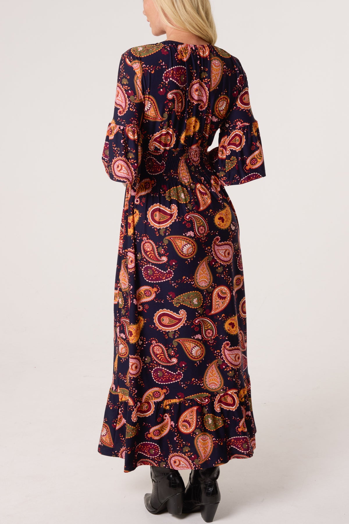 Autumnal Paisley Print Stretch Shirred Dress