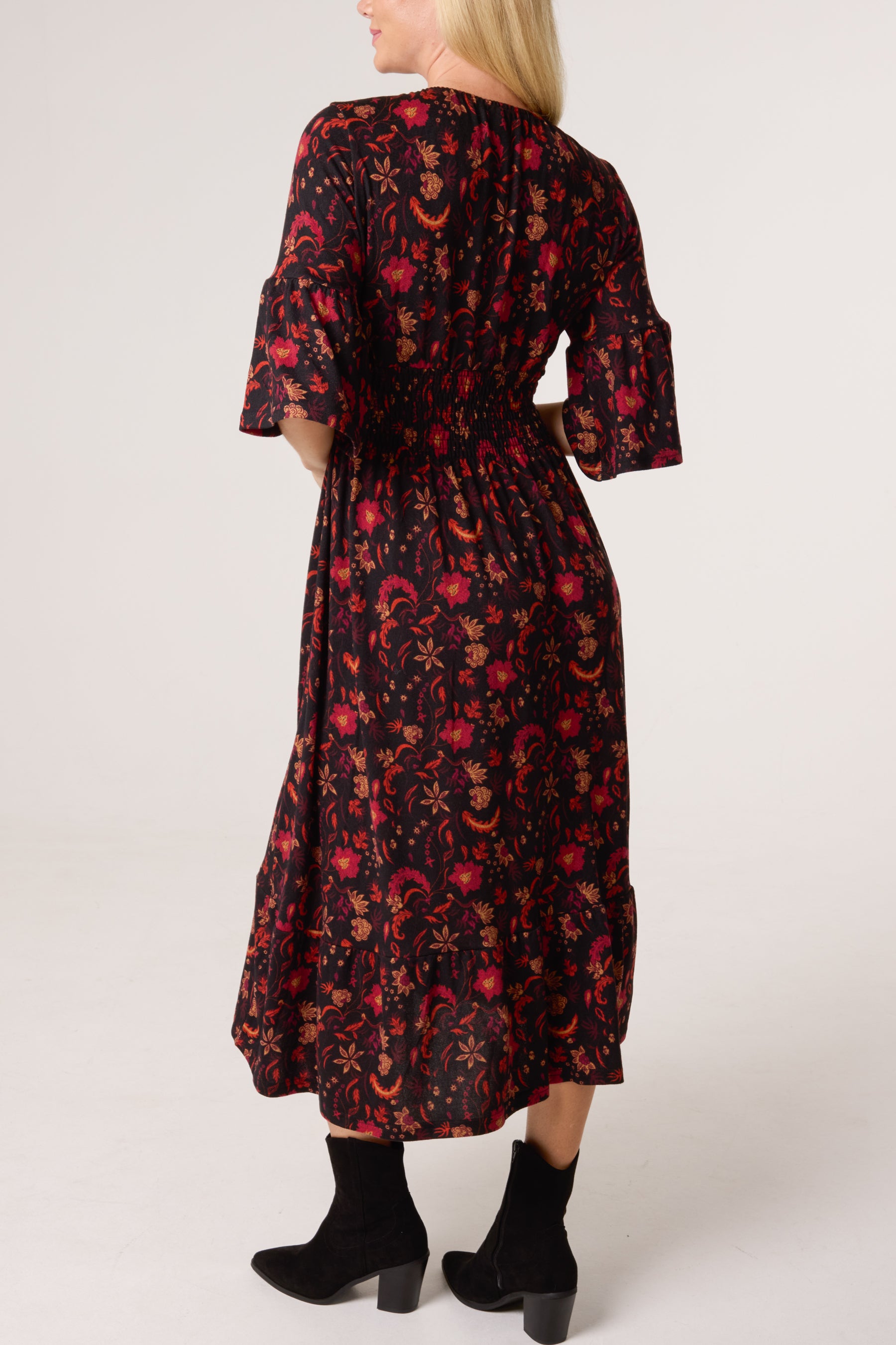 Autumnal Flowers V-Neck Elastic Dress