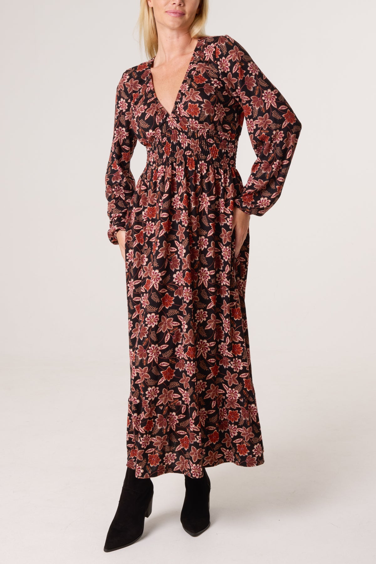 Autumnal V-Neck Shirred Stretch Dress