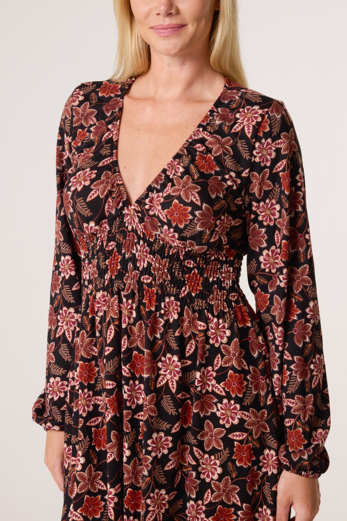 Autumnal V-Neck Shirred Stretch Dress