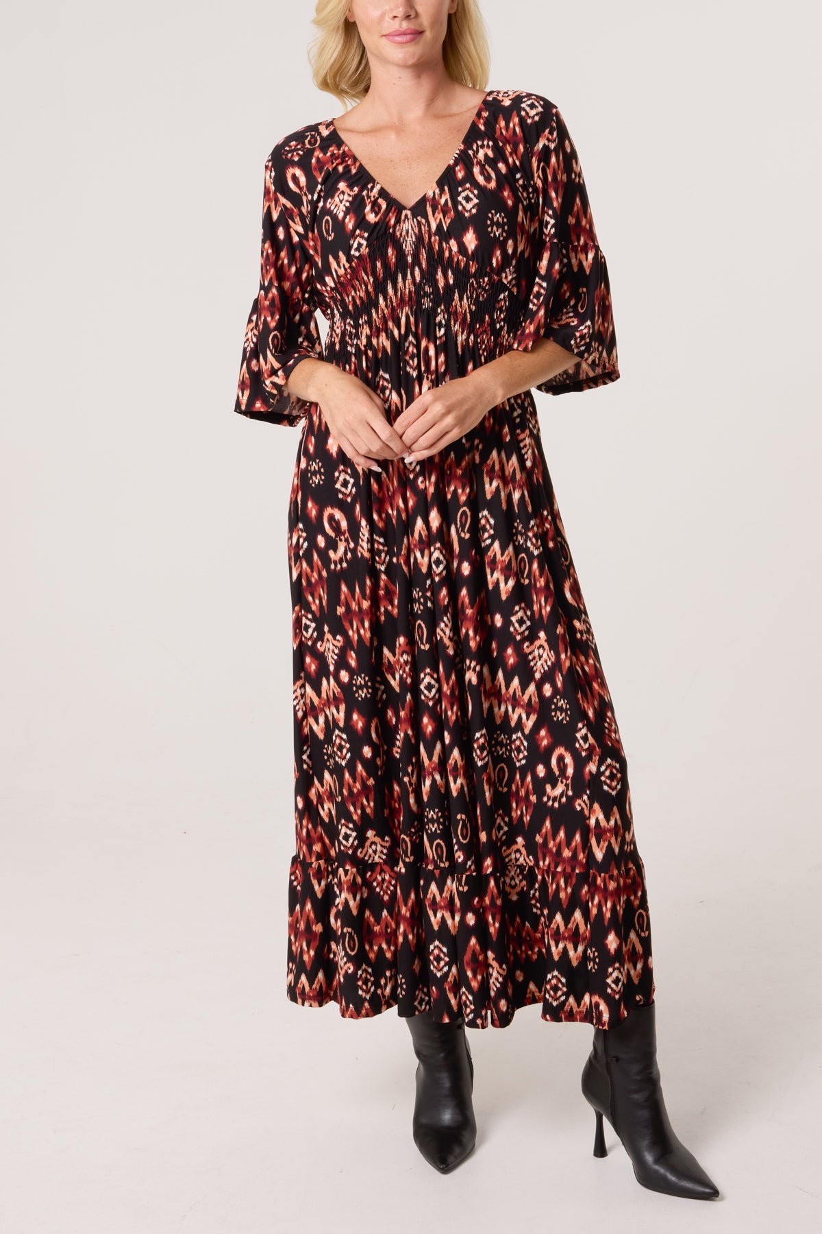 Autumnal Aztec Print Shirred Stretch Dress