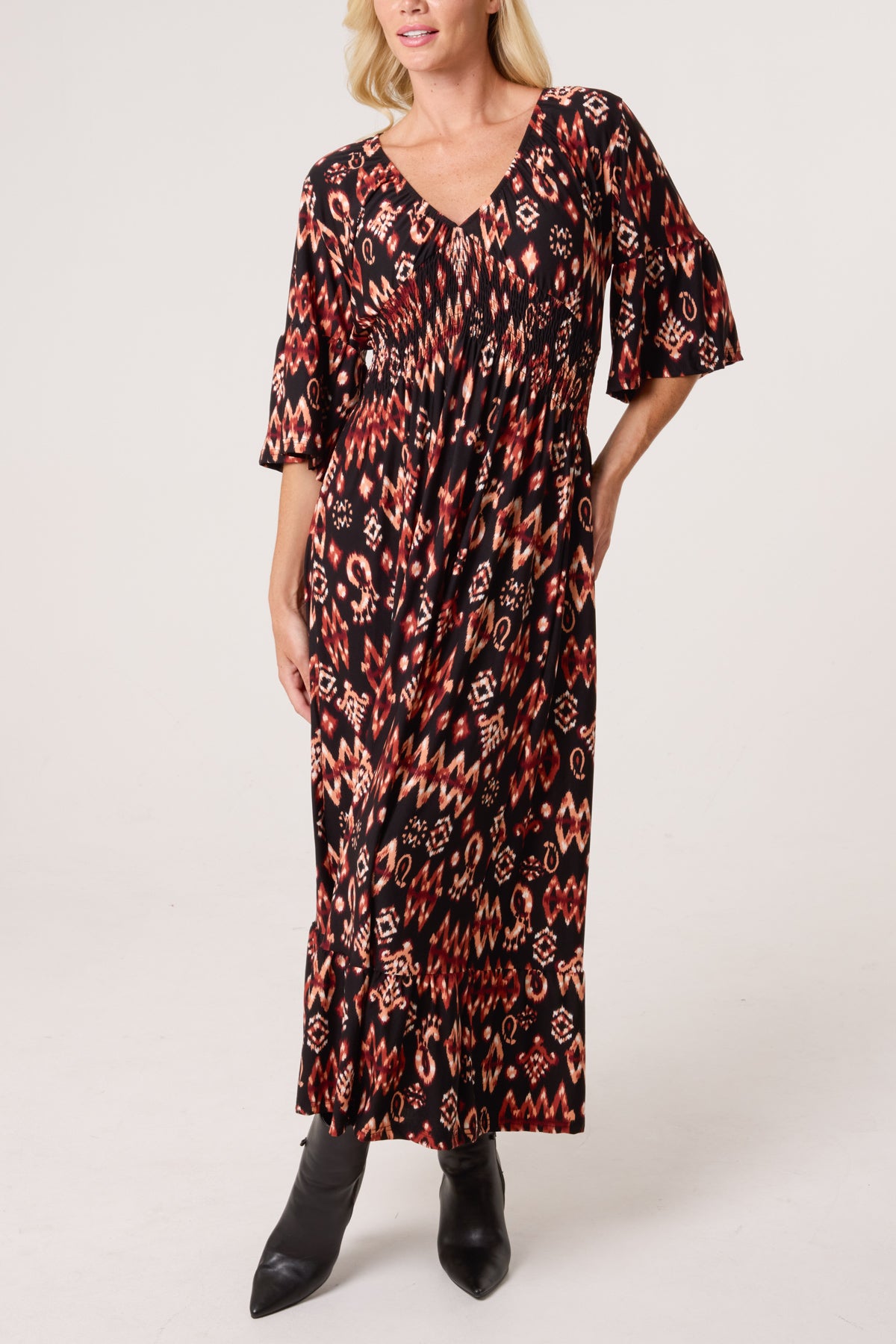 Autumnal Aztec Print Shirred Stretch Dress
