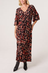 Autumnal Aztec Print Shirred Stretch Dress