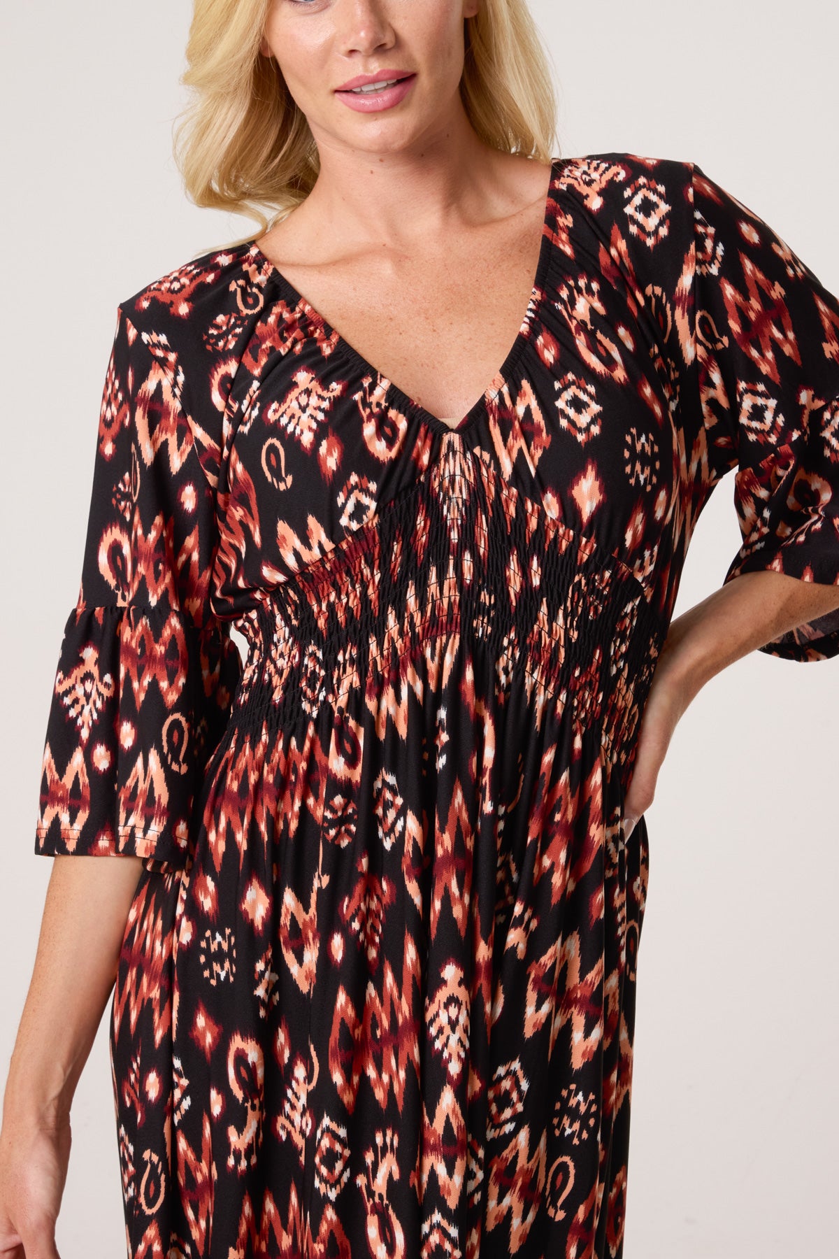 Autumnal Aztec Print Shirred Stretch Dress