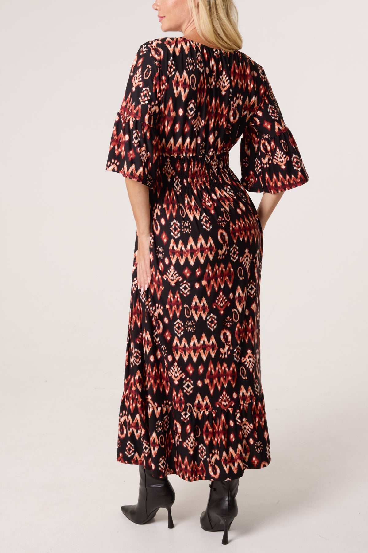 Autumnal Aztec Print Shirred Stretch Dress