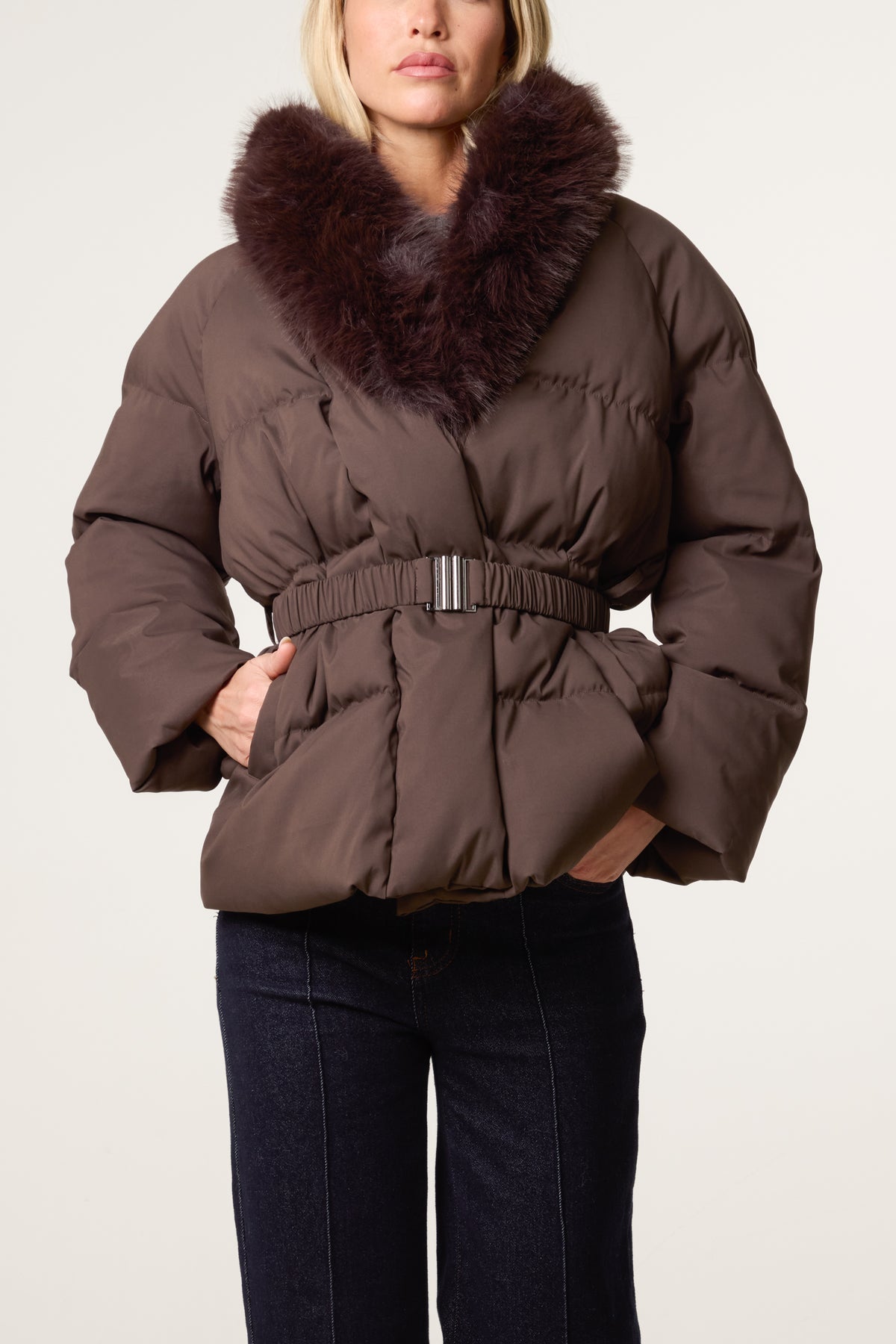 Shawl Fur Collar Belted Short Puffer