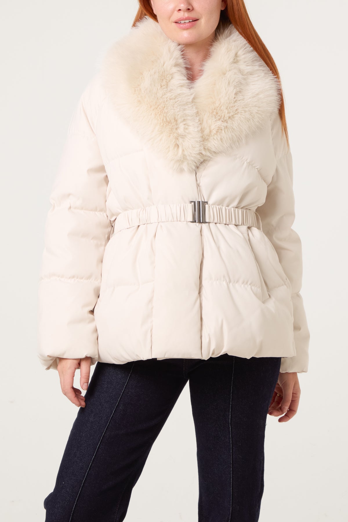 Shawl Fur Collar Belted Short Puffer
