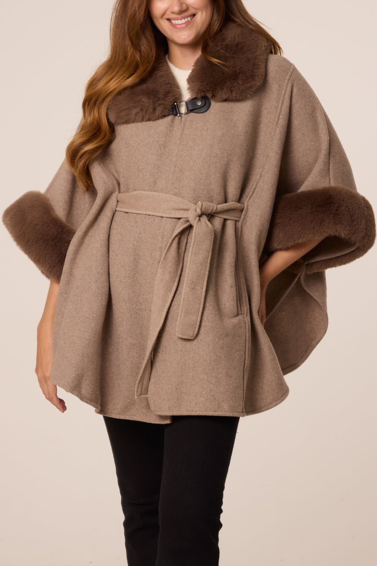 Buckle Detail Fur Trimmed Cape