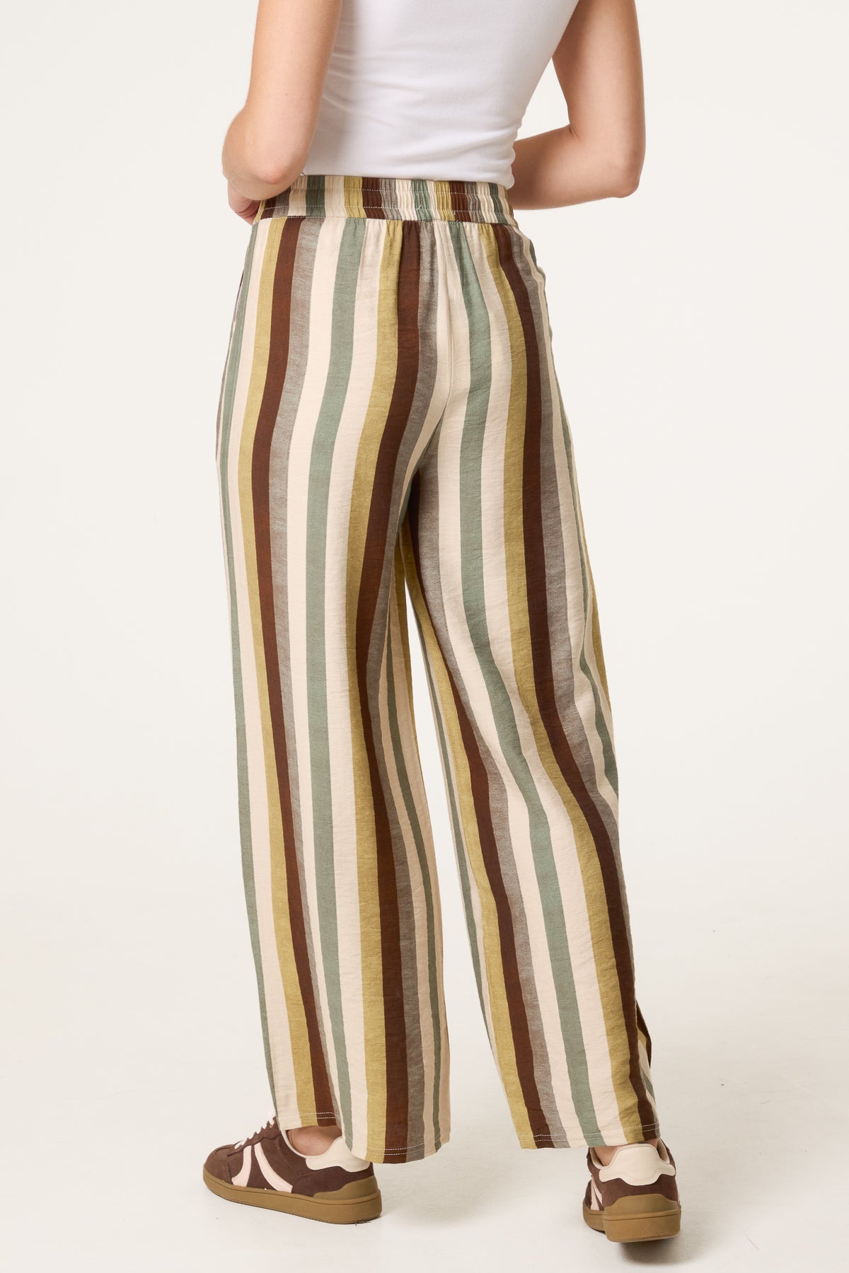 Striped Shirred Waist Wide Leg Trouser