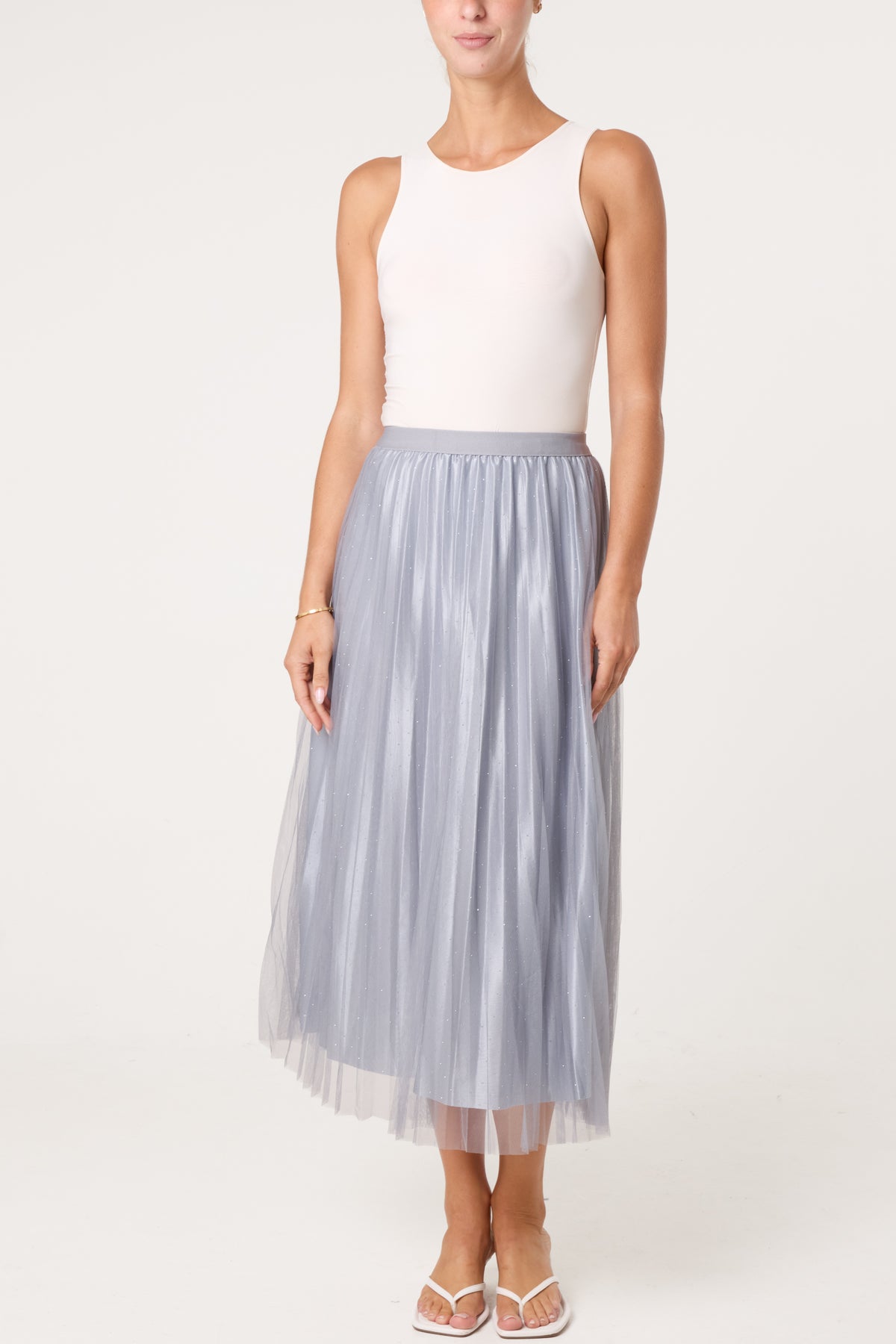 Diamante Embellished Mesh Midi Skirt