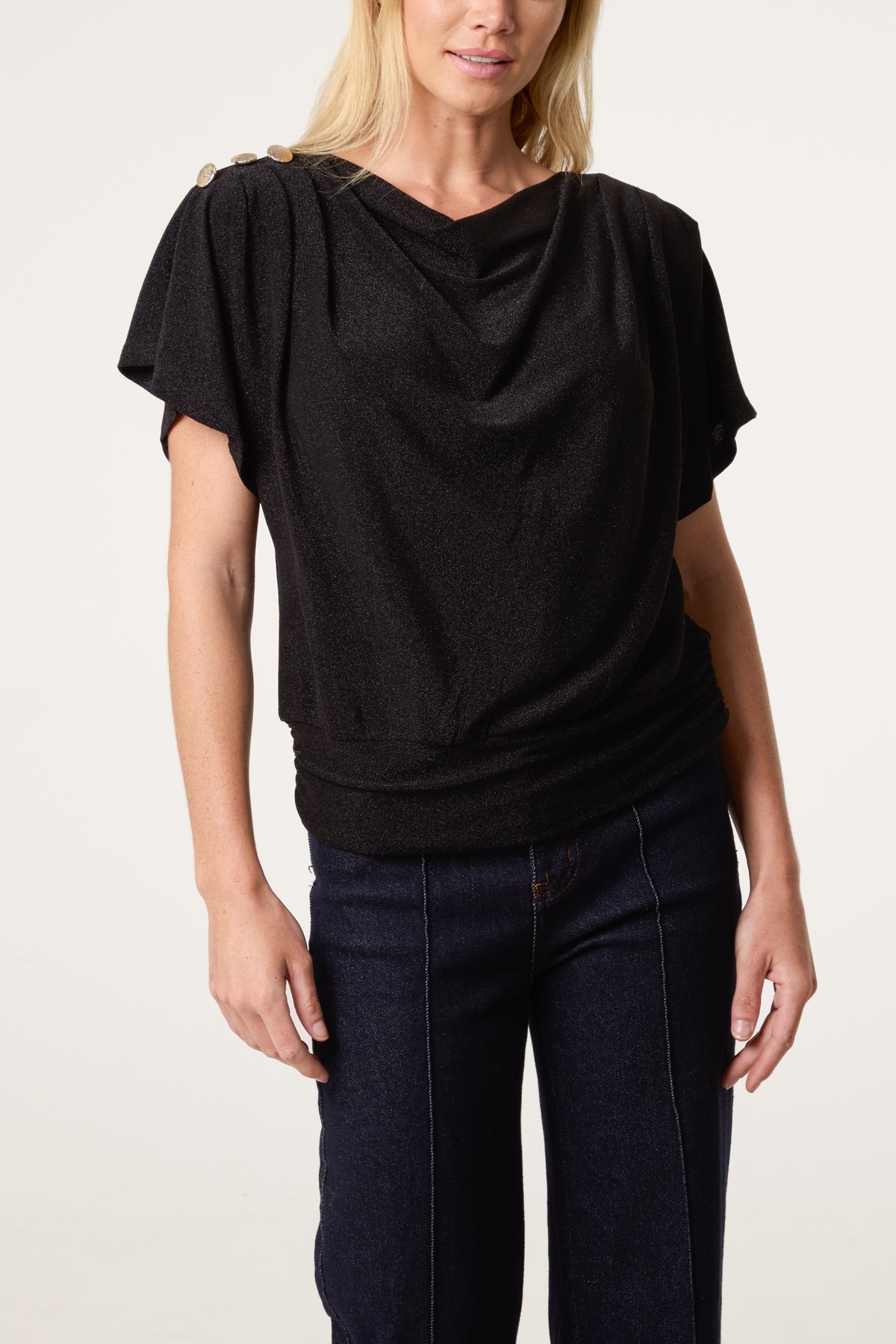 Gold Button Detail Cowl Neck Top