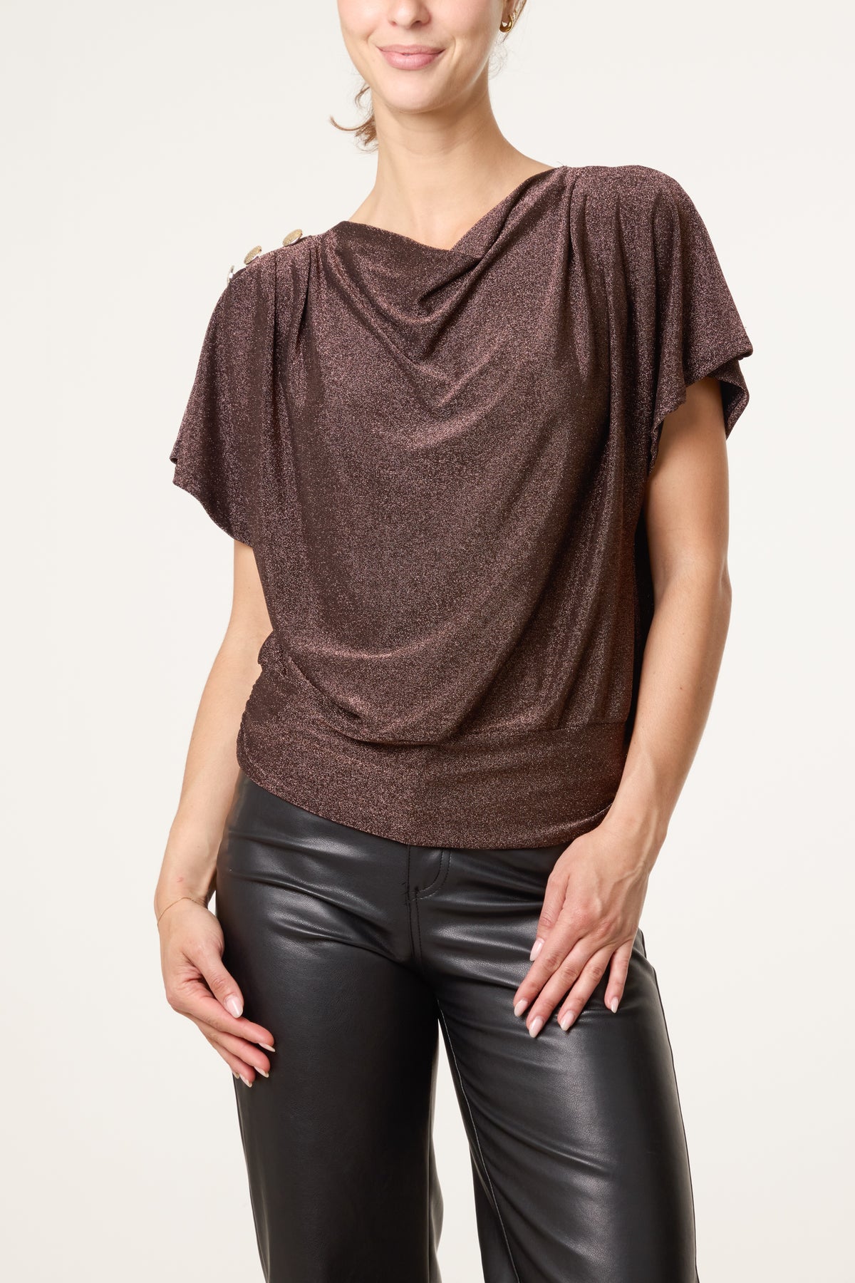 Gold Button Detail Cowl Neck Top