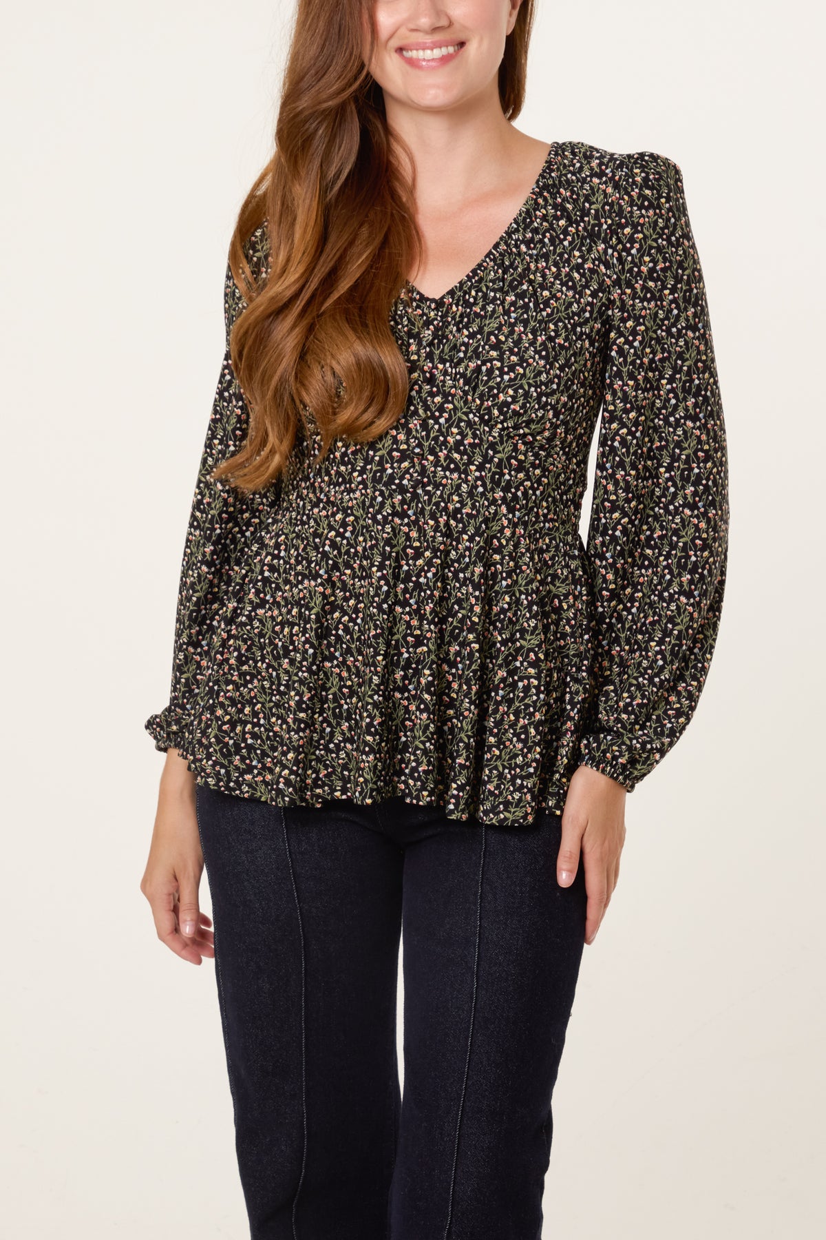 Ditsy Floral Peplum Long Sleeve Blouse
