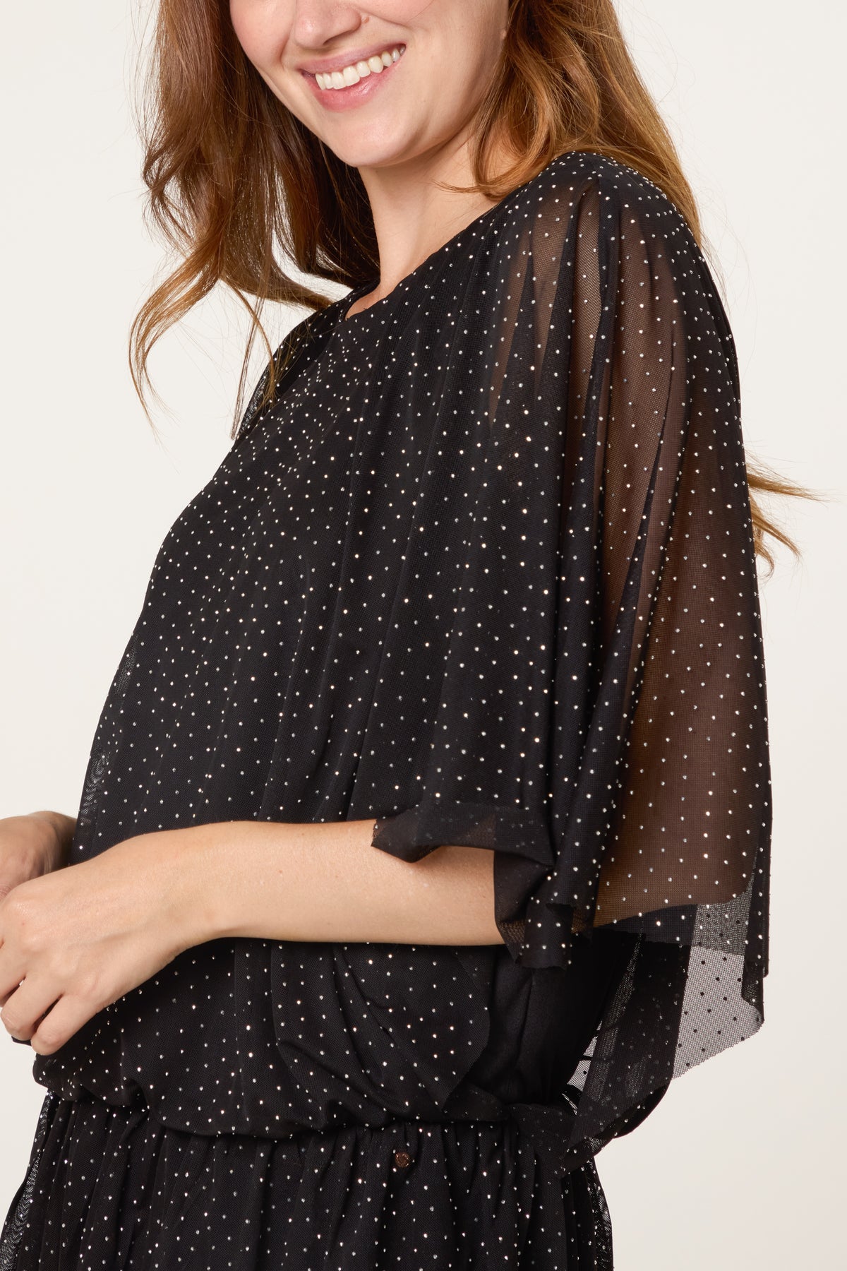 Mesh Diamante Batwing Top