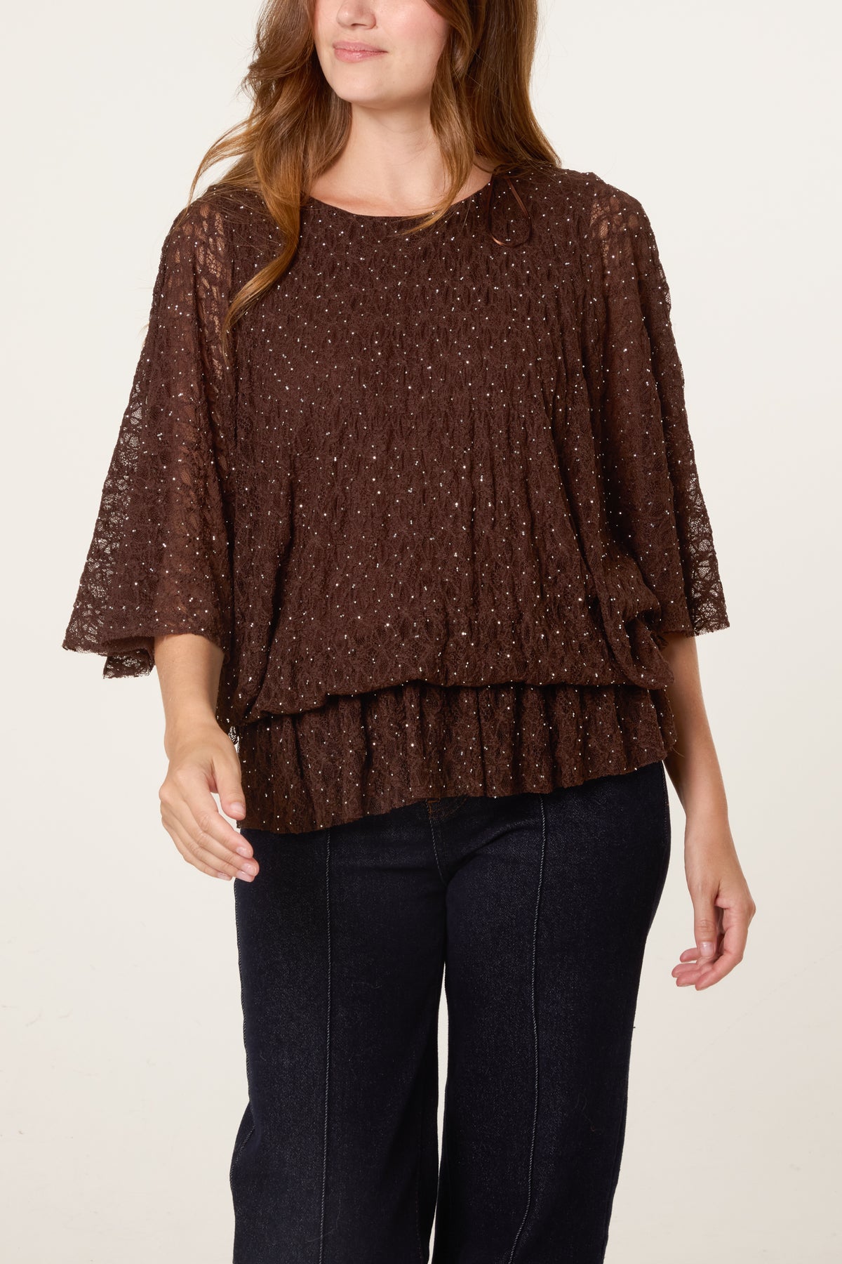 Diamante & Lace Batwing Top