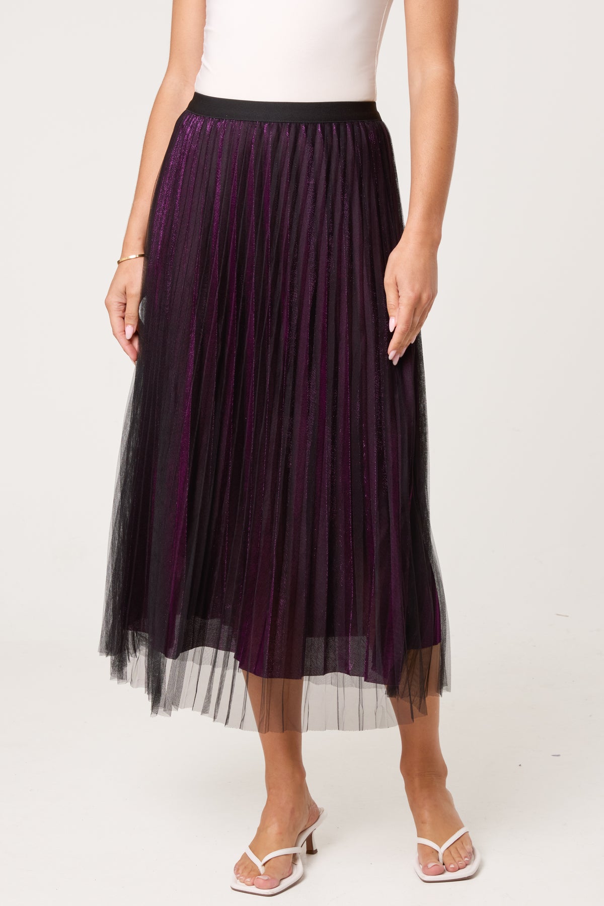 Metallic Chiffon Pleated Midi Skirt