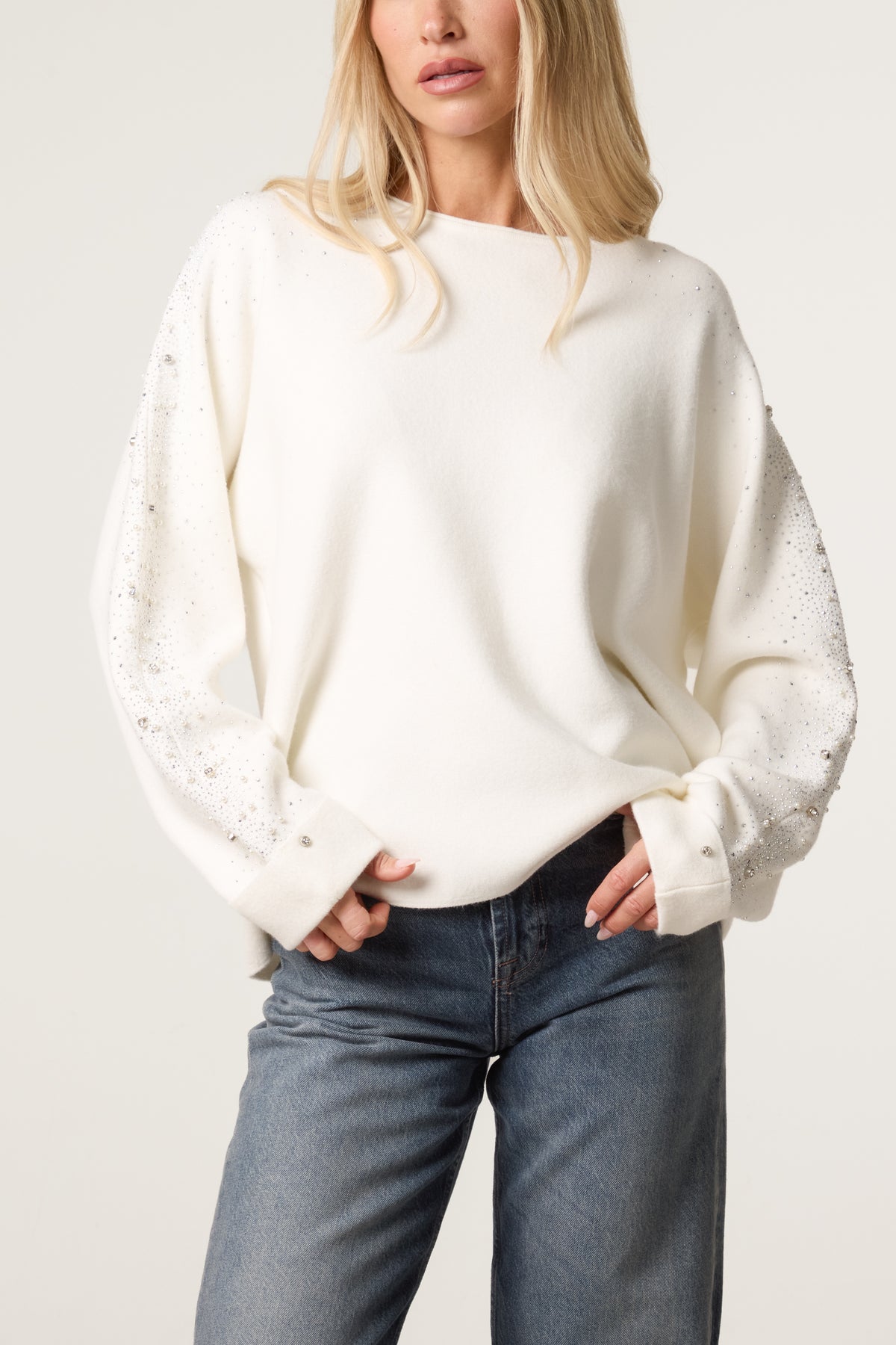 Embellished Sleeve Round Neck Knit Jumper