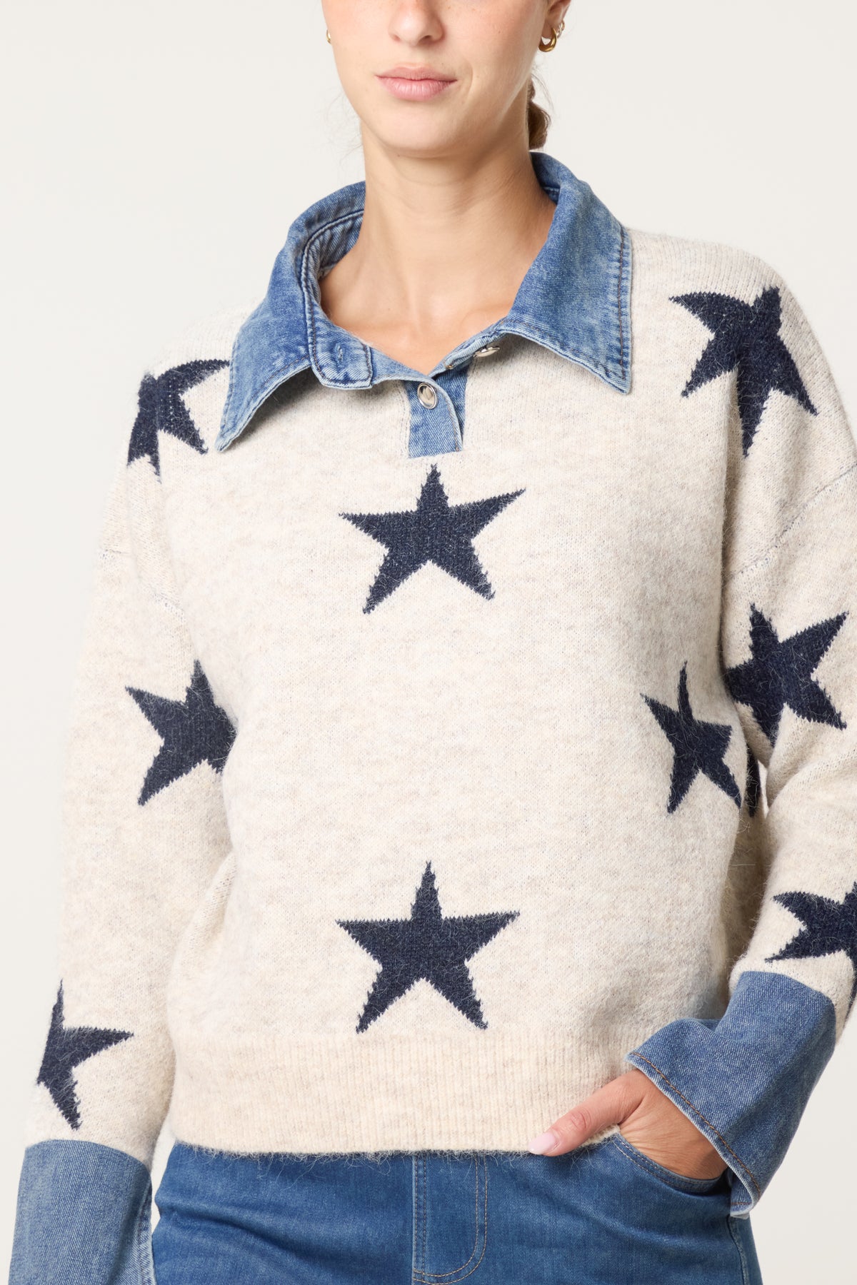 Denim Collar Star Knit Jumper
