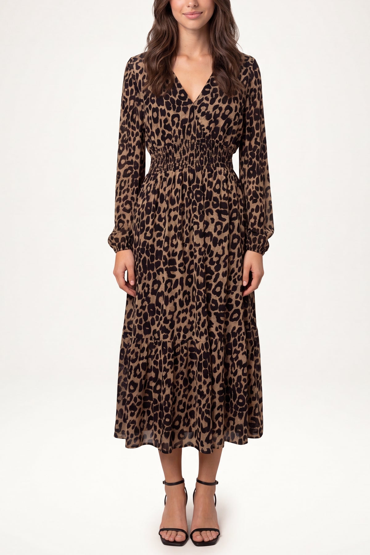 Long Sleeve V Neck Shirred Animal Print Midi Dress