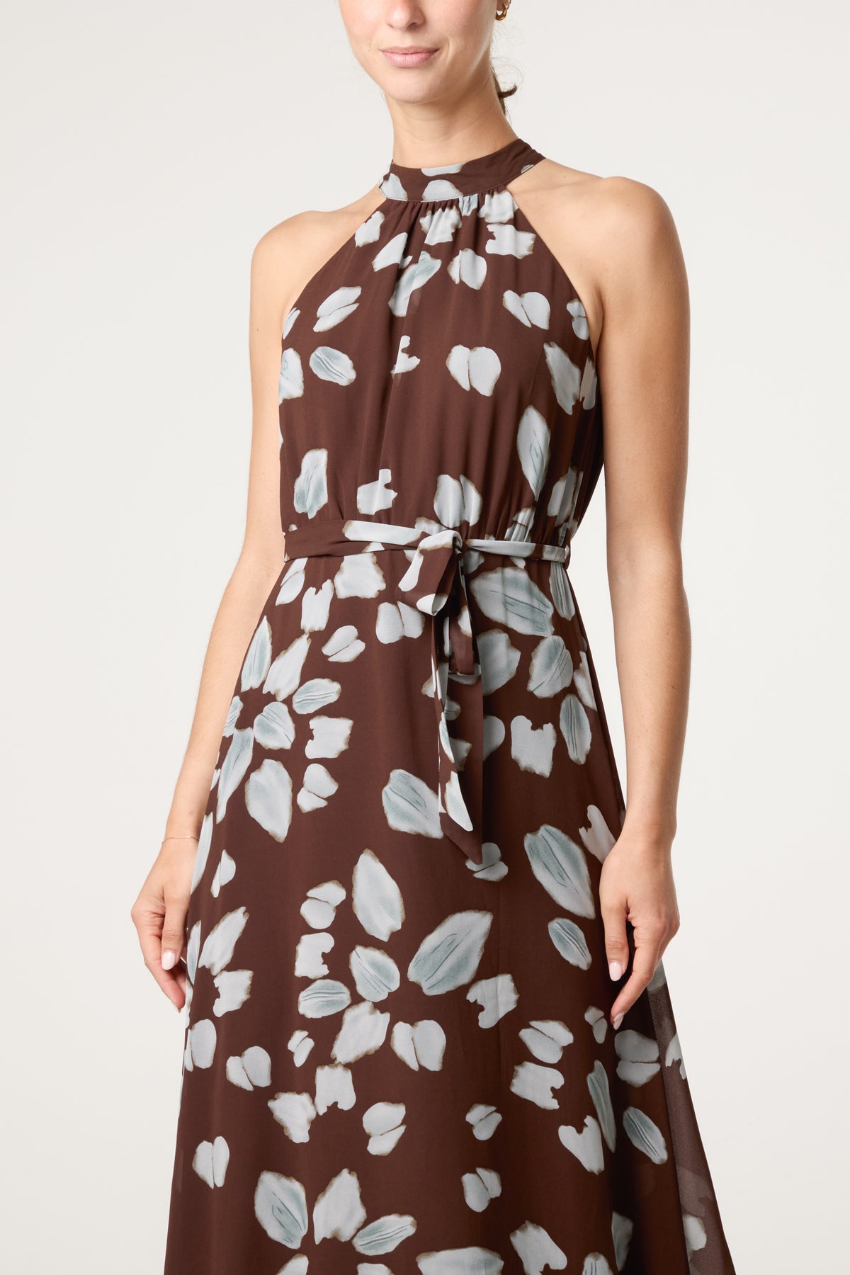 Brushtroke Flower Patterned Halterneck Maxi Dress