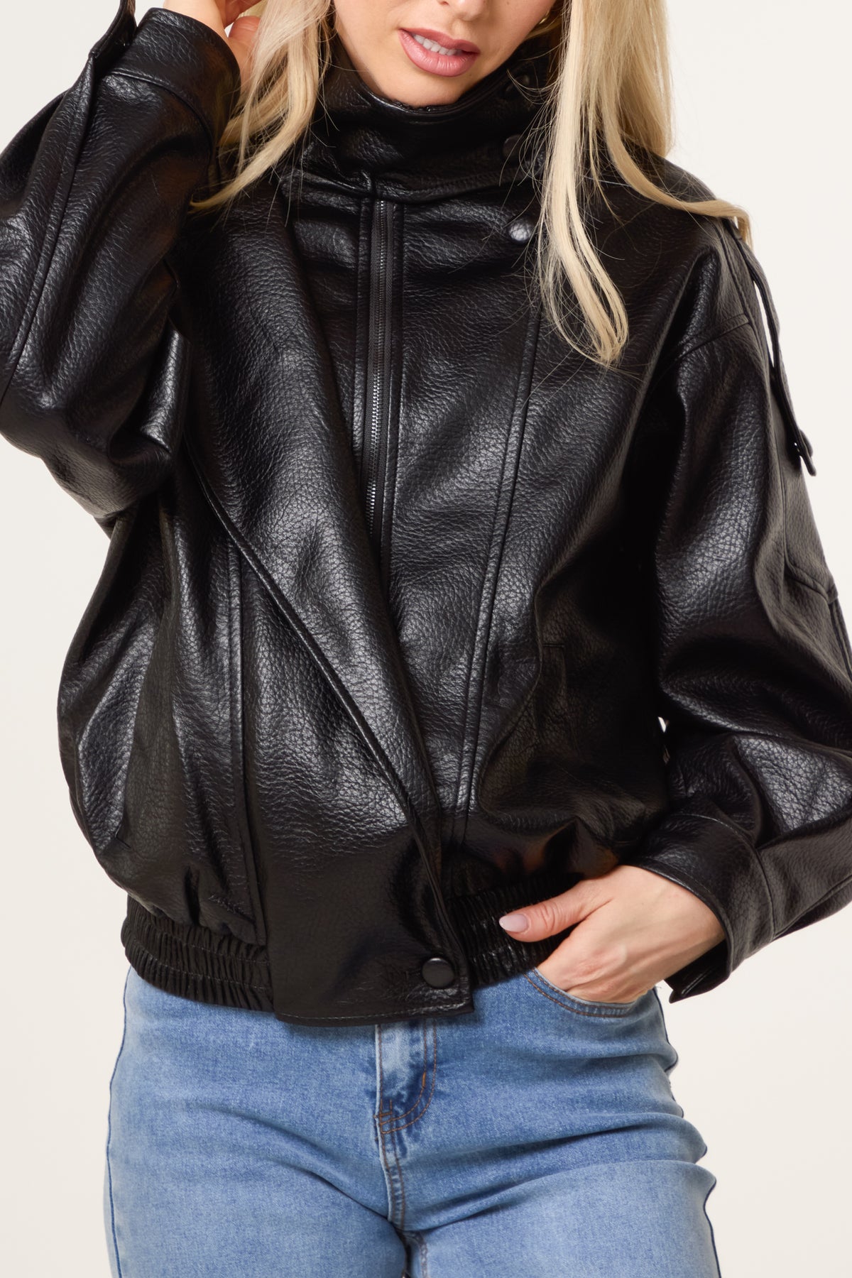 High Collar Faux Leather Jacket