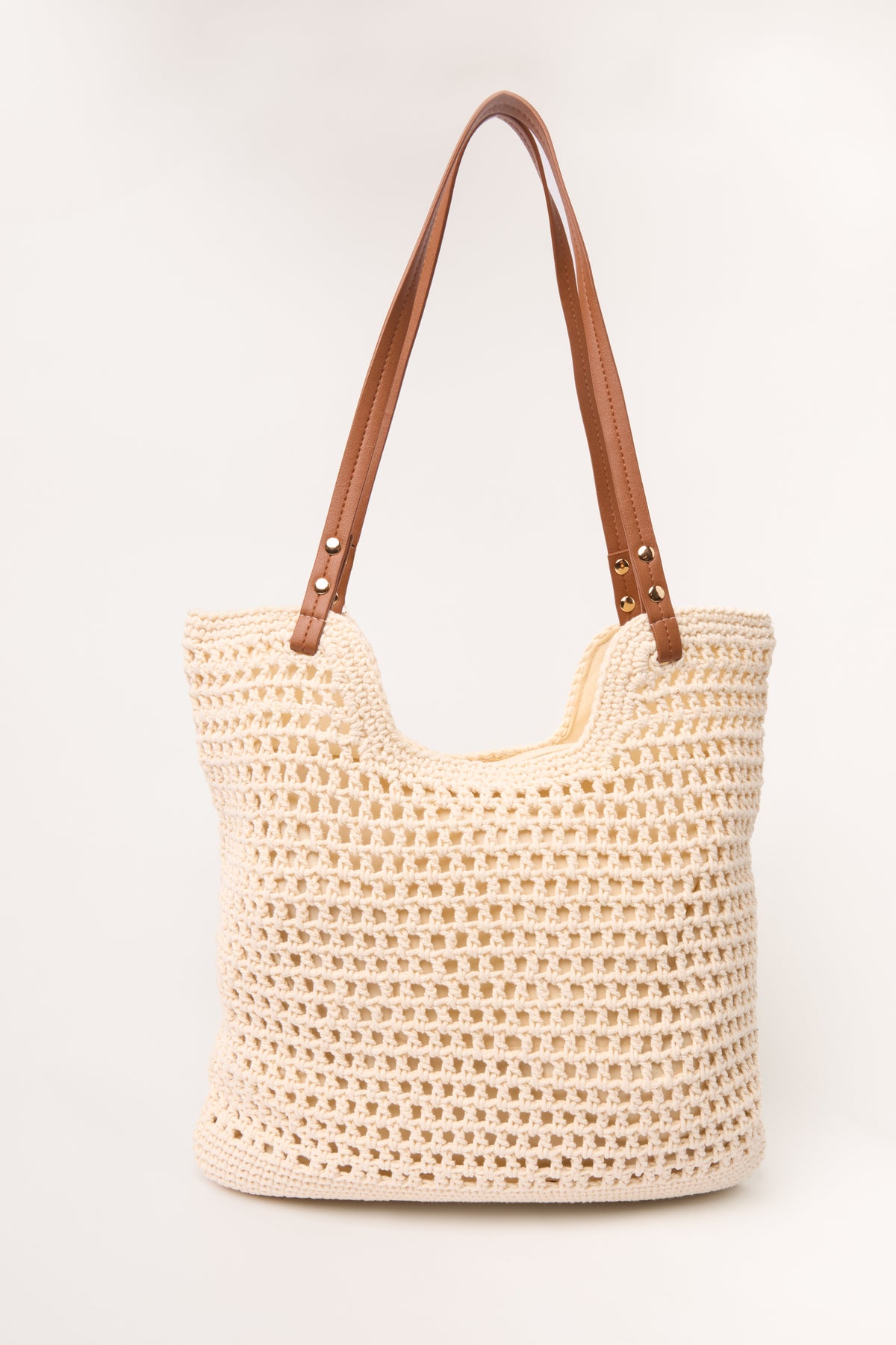Crochet & Faux Leather Strap Tote Bag