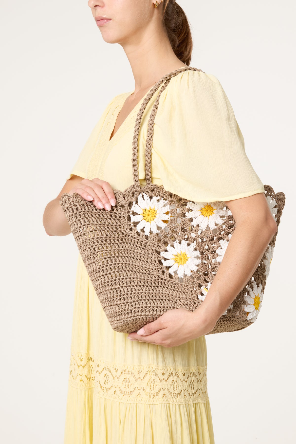 Tote Crochet Daisy Detailed Bag