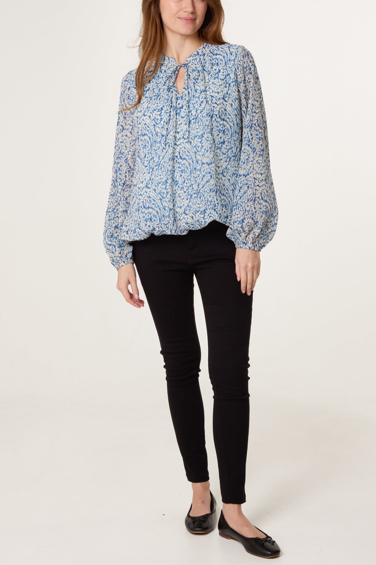 Grandad Tie Neck Printed Puffball Blouse