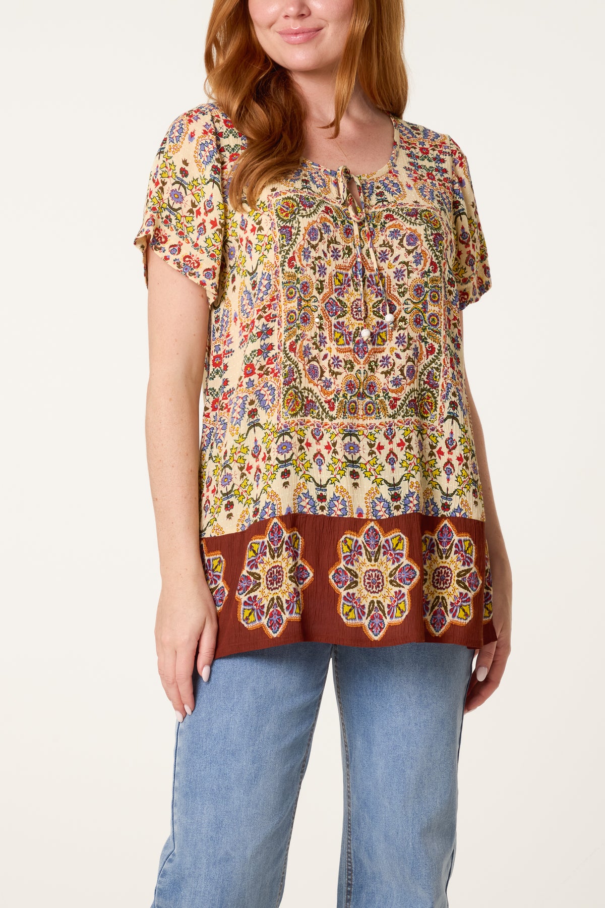 Beaded Tie Front Printed Top