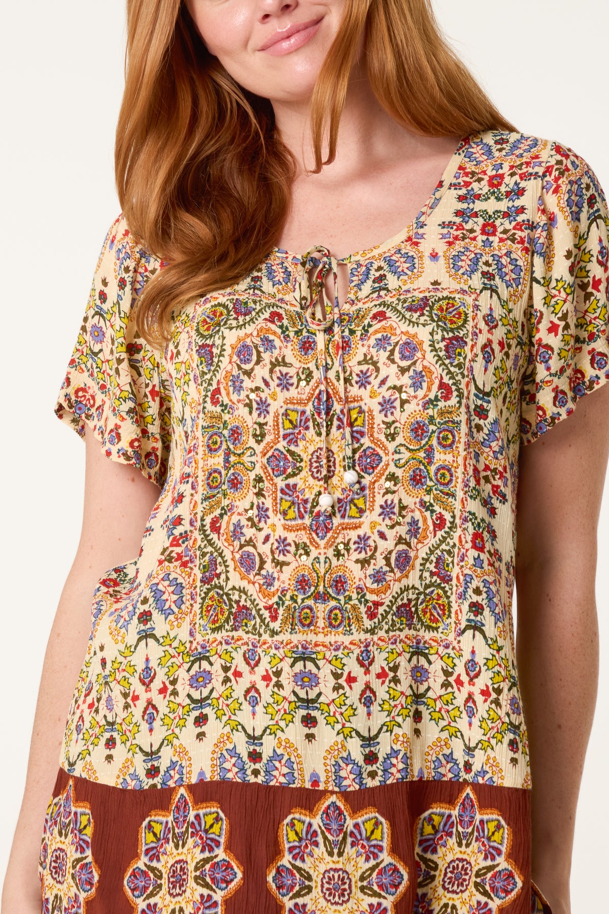 Beaded Tie Front Printed Top