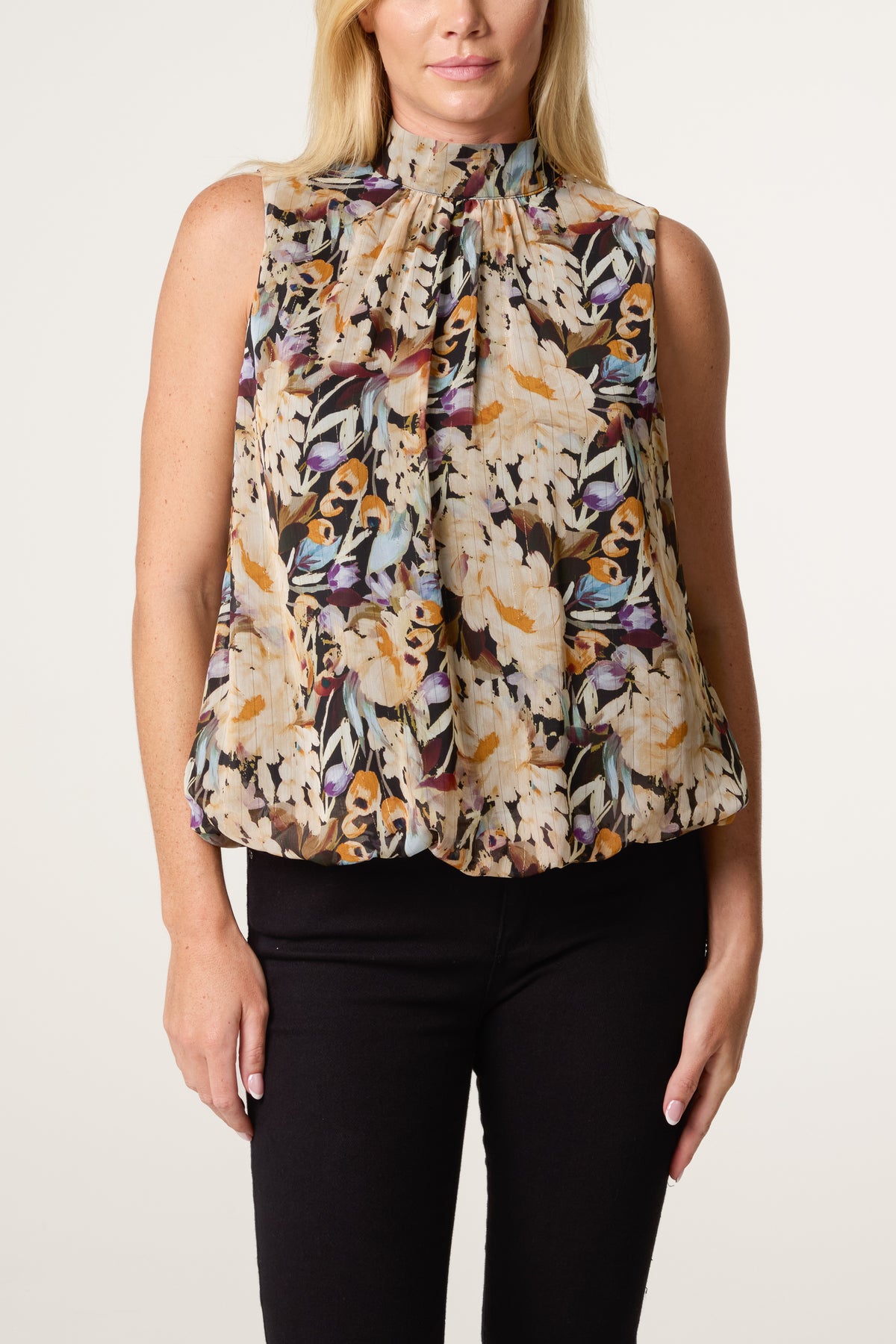 Floral High Neck Puffball Top