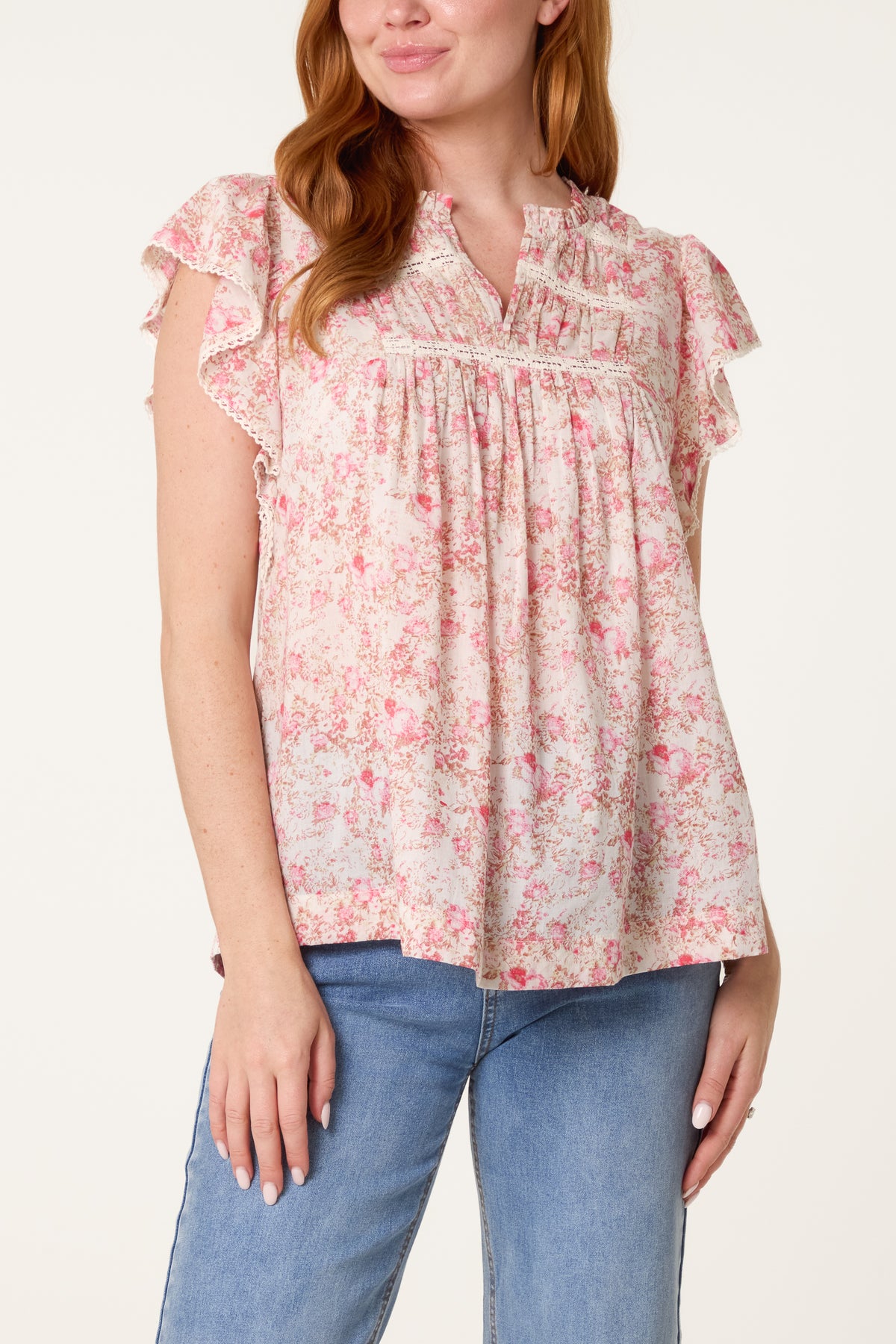 Boho Ruffle Floral & Lace Sleeve Top